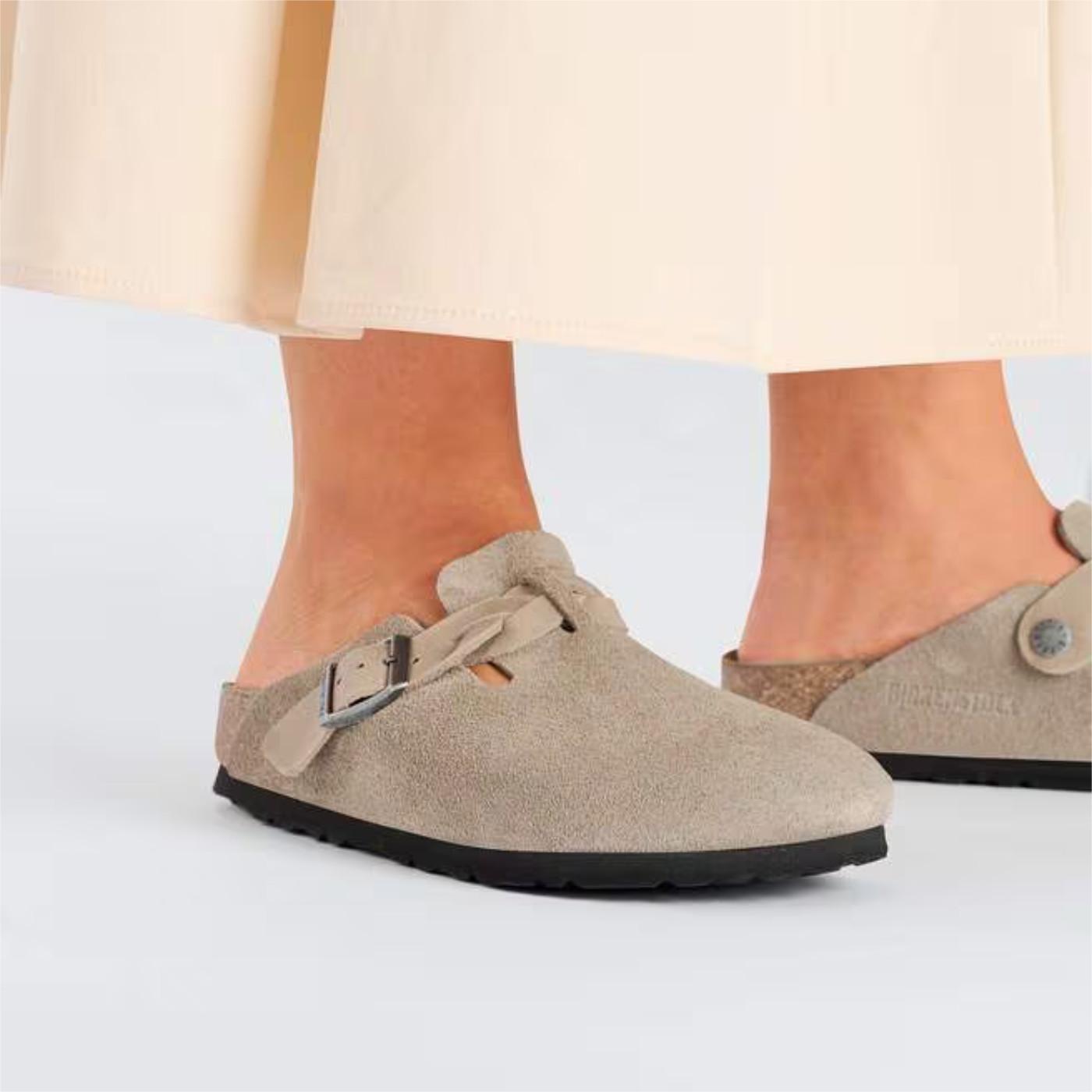Birkenstock Boston Braided pelle scamosciata Taupe sabot co treccia narrow fit 