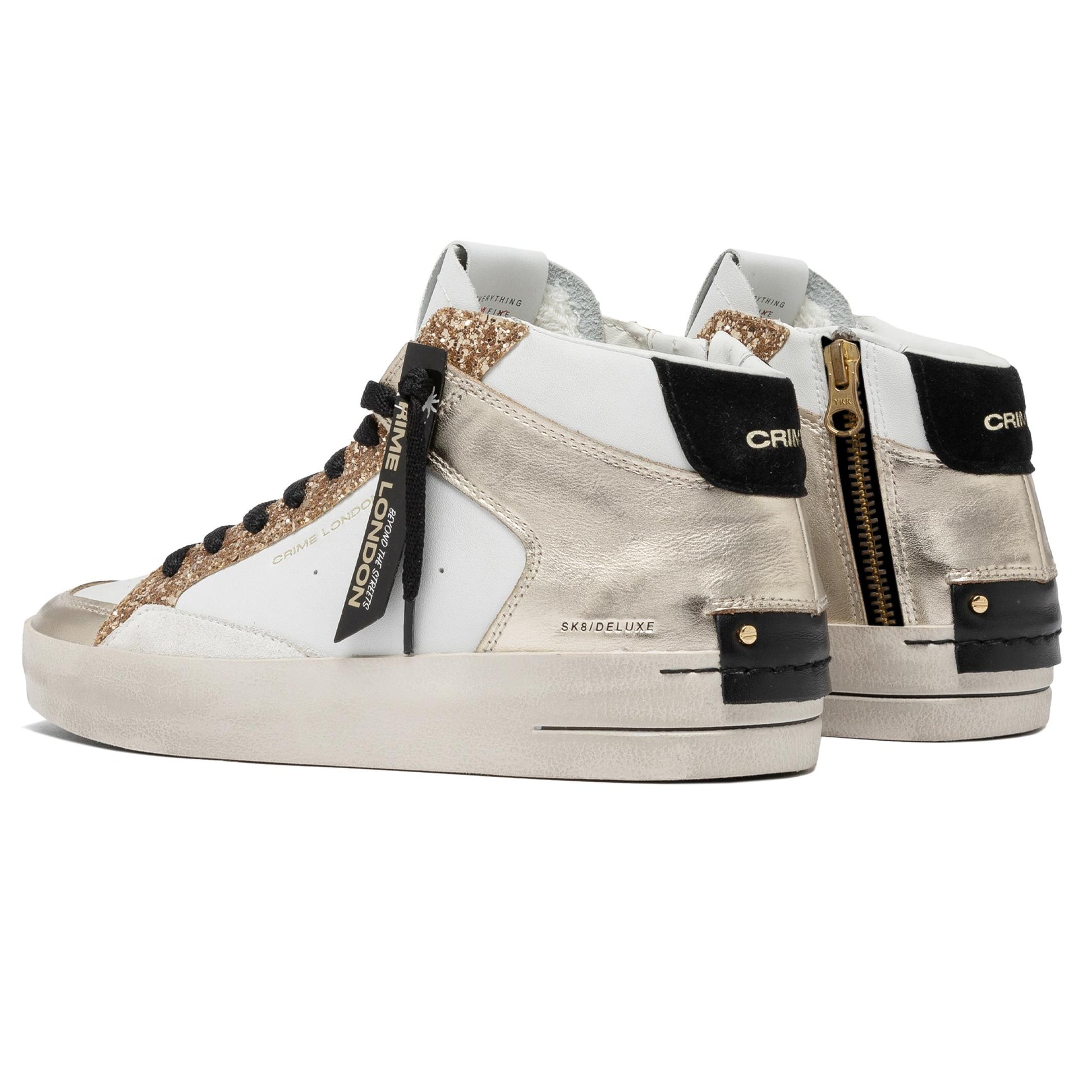 Crime London 21150 Sk8 Deluxe Mid in pelle bianca e oro 