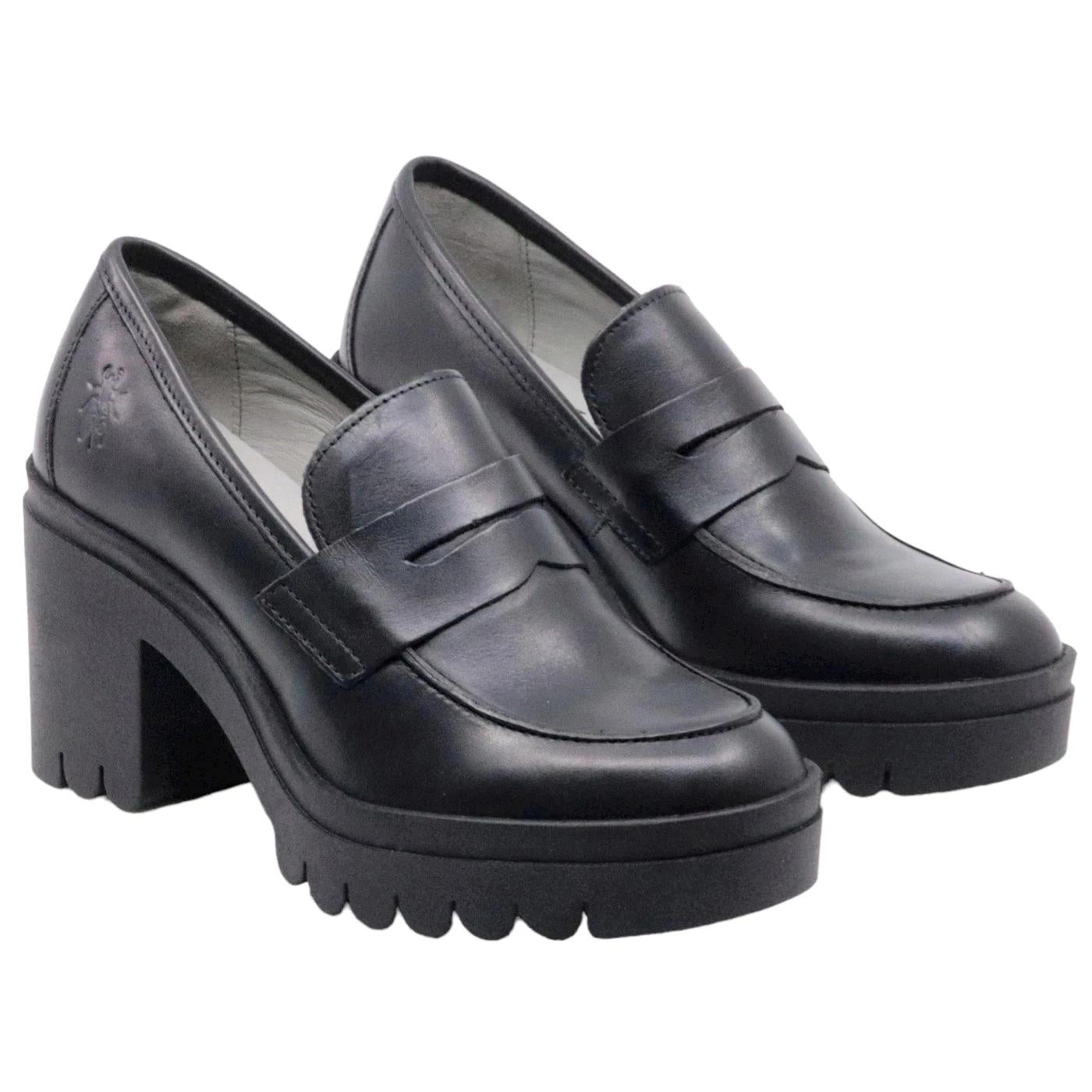 Mocassino con tacco da donna Fly London Toky in pelle nera 