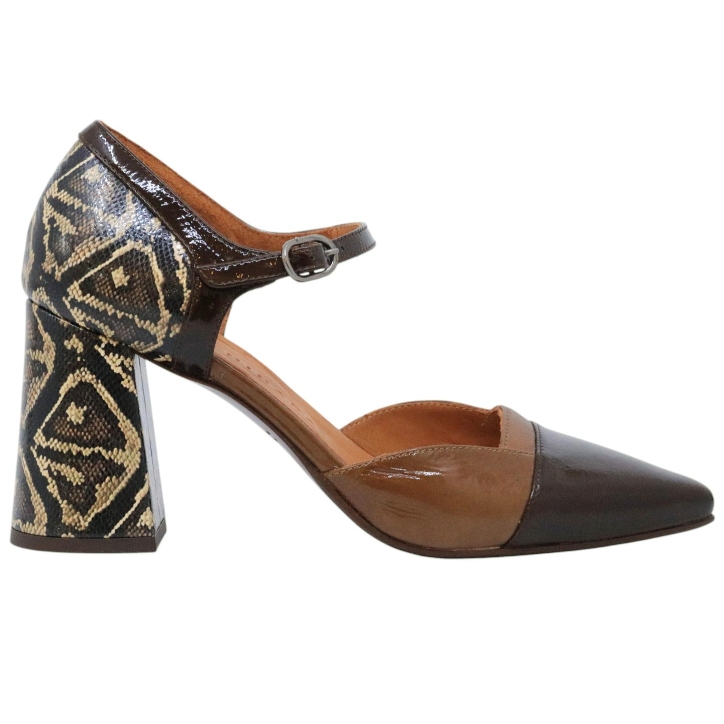 Decolletè Chie Mihara Luer in pelle lucida nera e marrone 