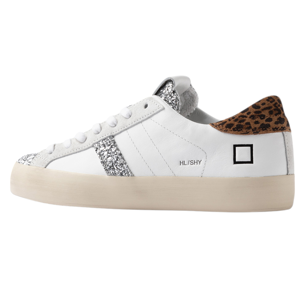 DATE Hill Low Shiny White Leopard HL SH WD sneaker donna in pelle bianca con dettaglio talloncino in leopardo 