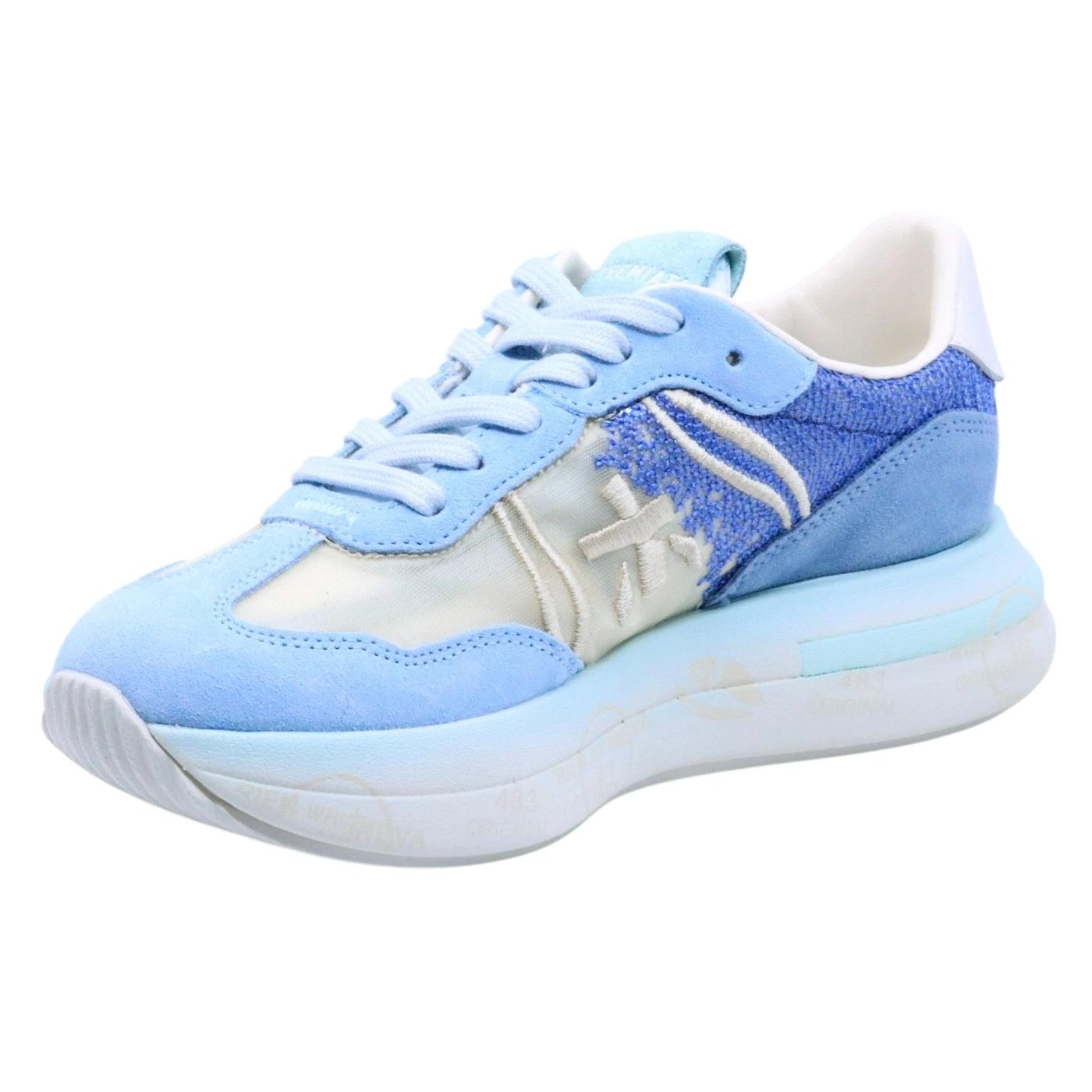 Premiata Cassie 7471 sneaker donna in tessuto trasparente beige e dettagli in camoscio azzurro 