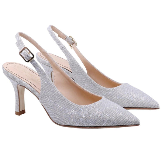 Slingback donna Le Briella Z827 in elegante pelle e tessuto di color argento 