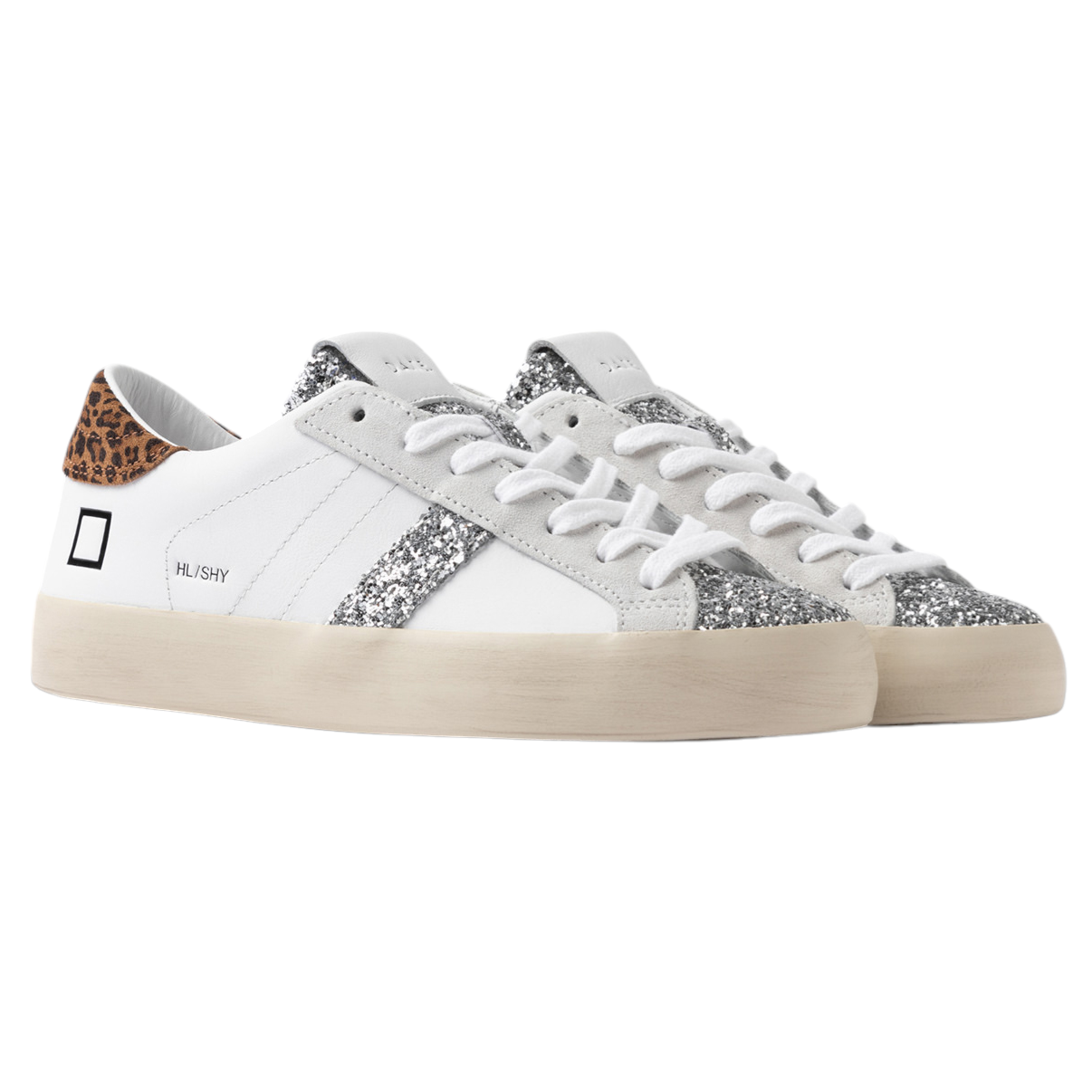 DATE Hill Low Shiny White Leopard HL SH WD sneaker donna in pelle bianca con dettaglio talloncino in leopardo 