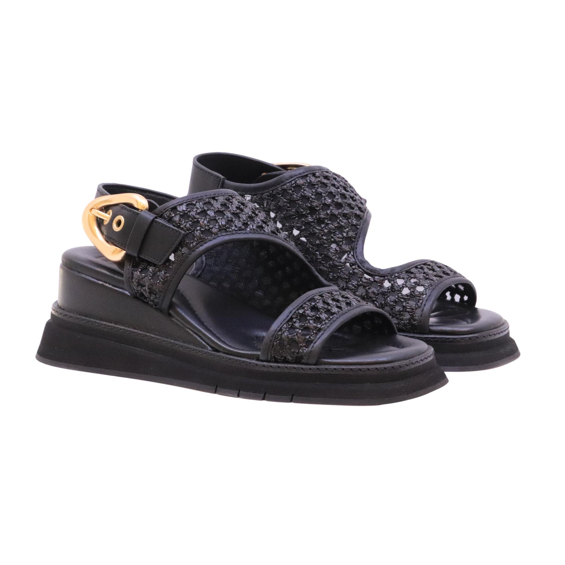 Gio+ Dafne 08C sandalo donna con zeppa in pelle e tessuto retato nero 