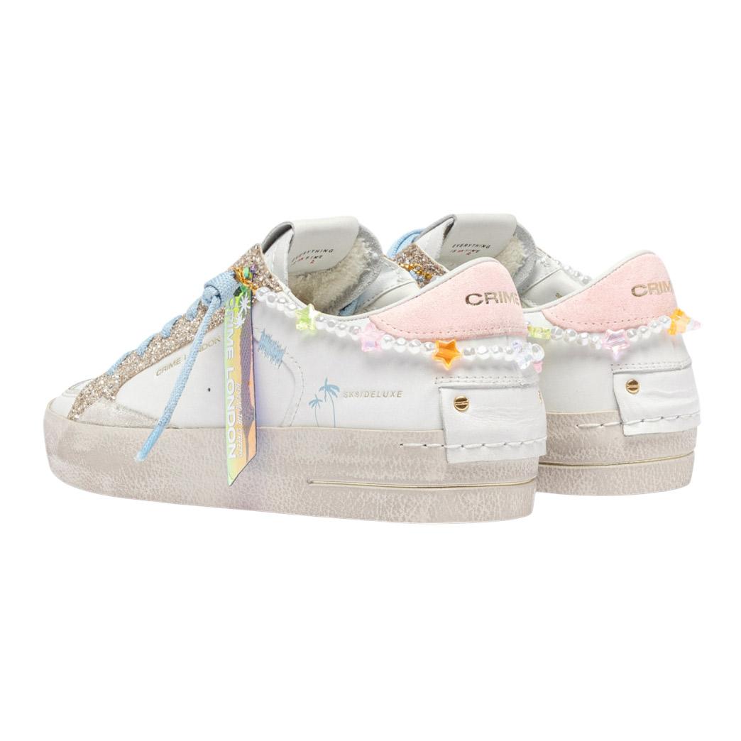 Sneaker donna Crime London Sk8 Deluxe 20103 in pelle bianca e glitter platino 