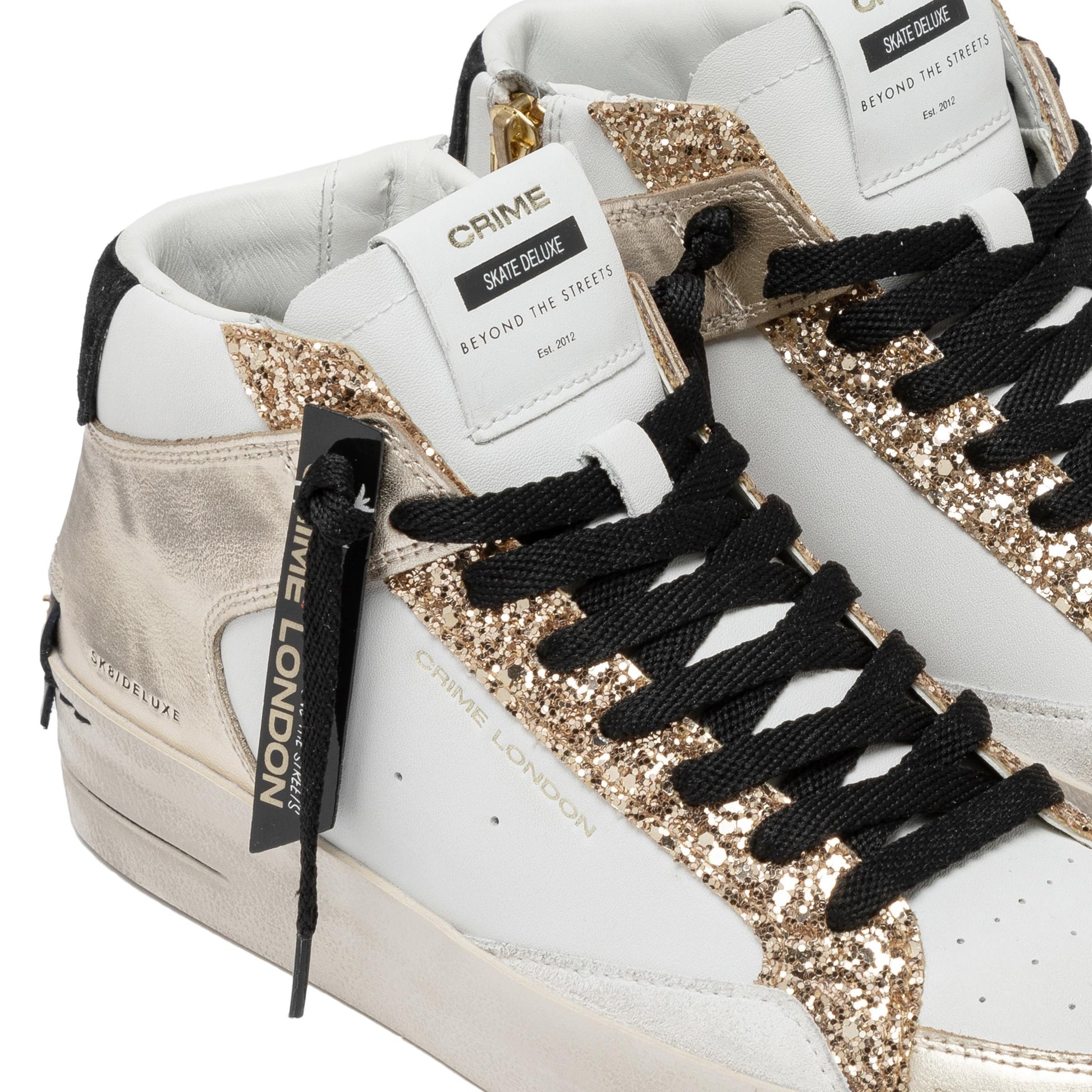 Crime London 21150 Sk8 Deluxe Mid in pelle bianca e oro 