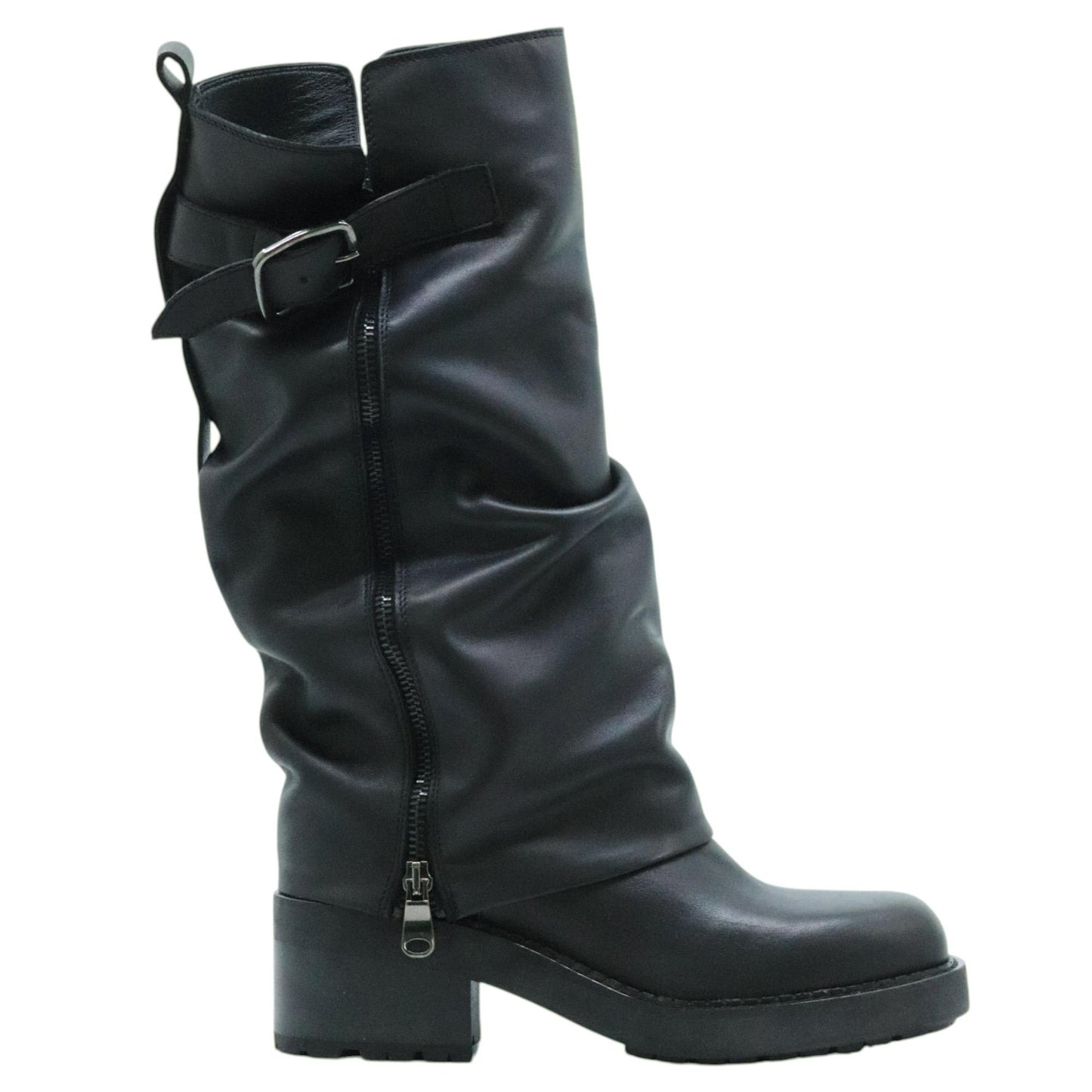 Curiositè 2828 stivale da donna in pelle nera con zip laterale e suola carrarmato 