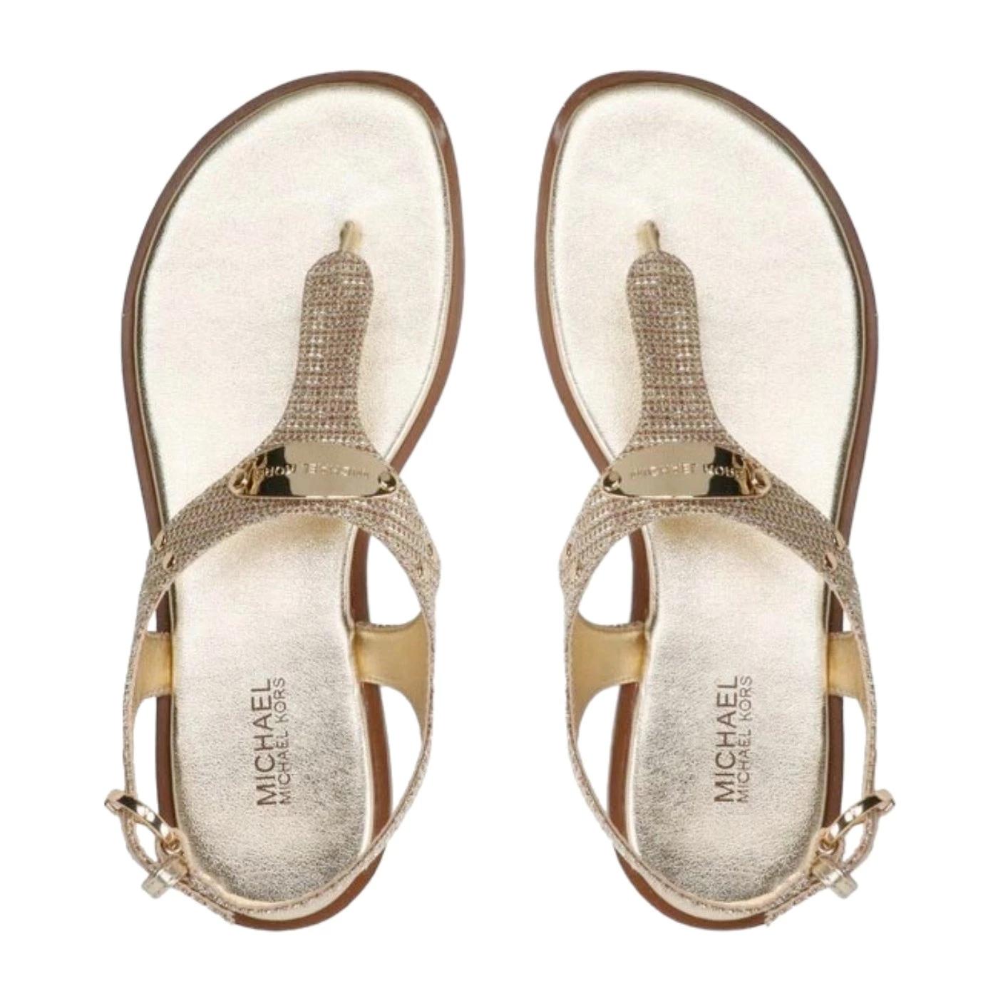 Michael Kors Plate Thong sandalo da donna in pelle e tessuto di colore oro 