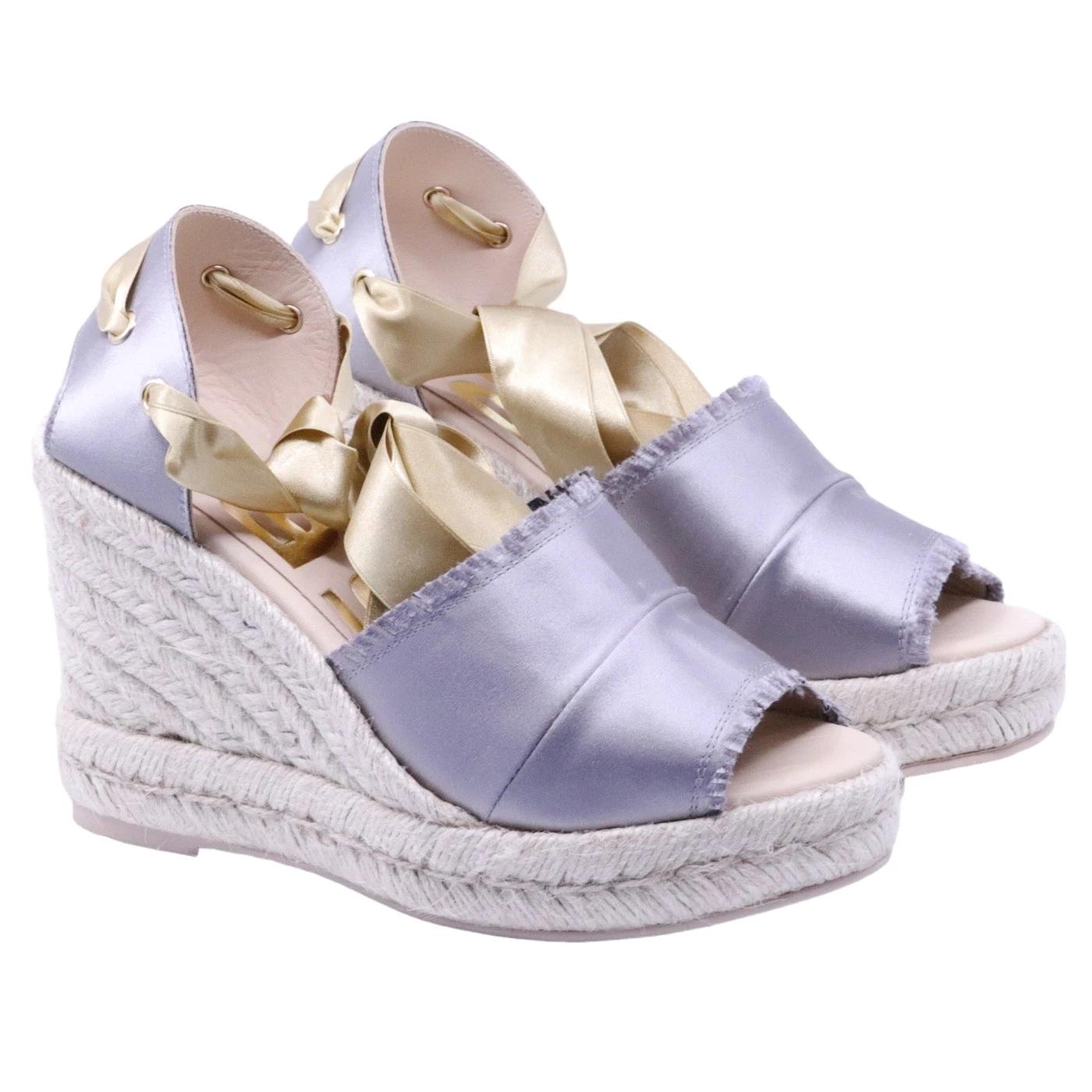 Sandalo zeppa Ras 7501 in corda e tessuto grigio perla 