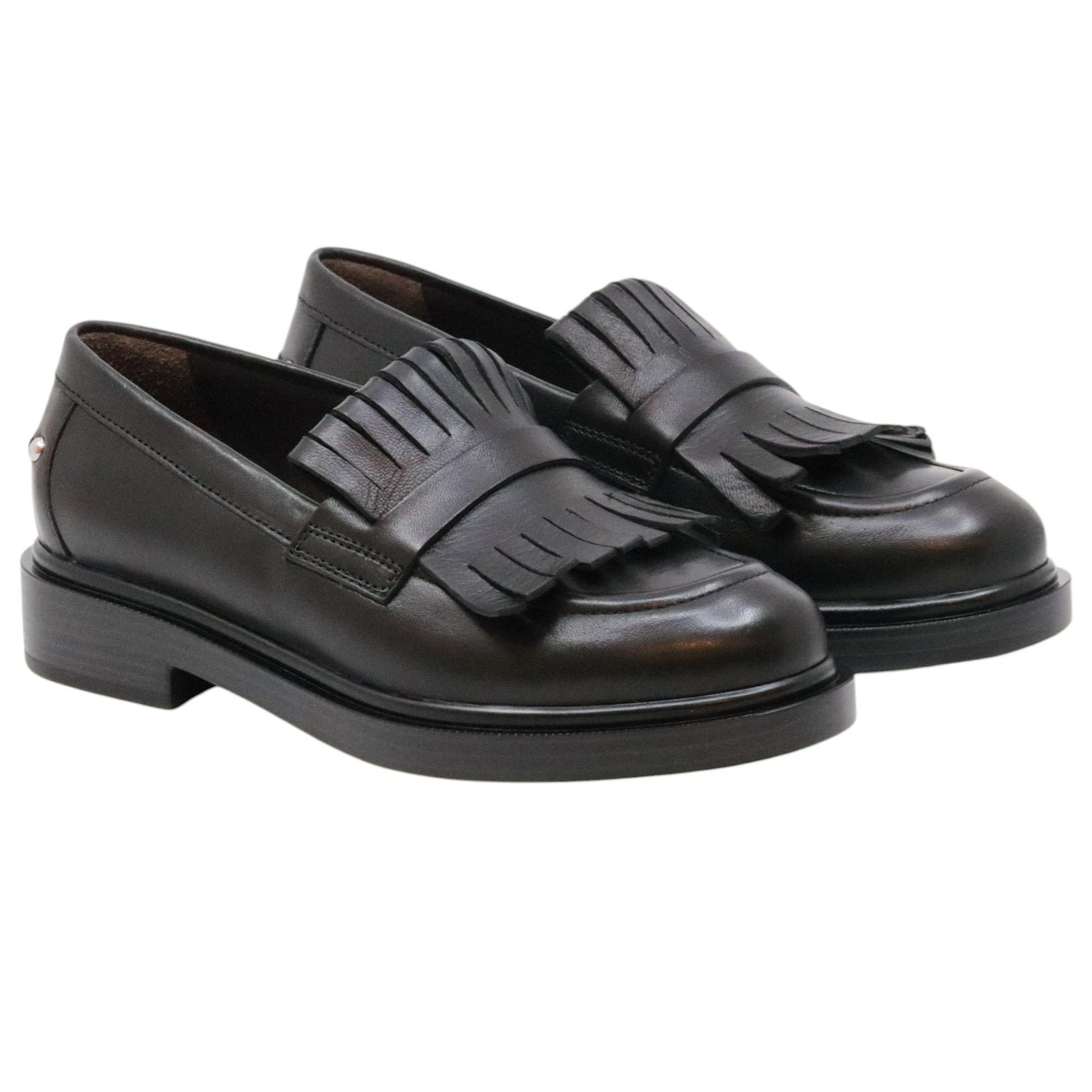 Triver Flight 709 mocassino donna in pelle nera con frange 