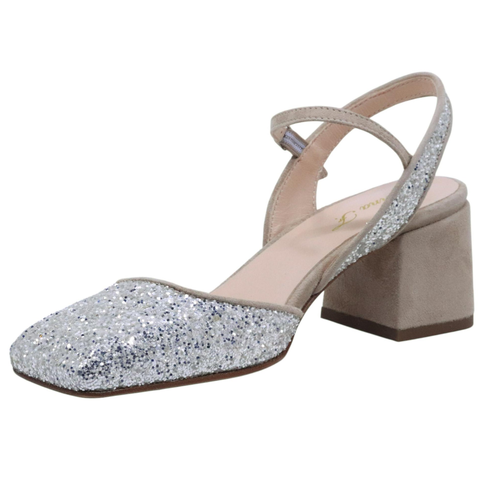 Slingback donna Anna F 1838 in glitter platino e argento 