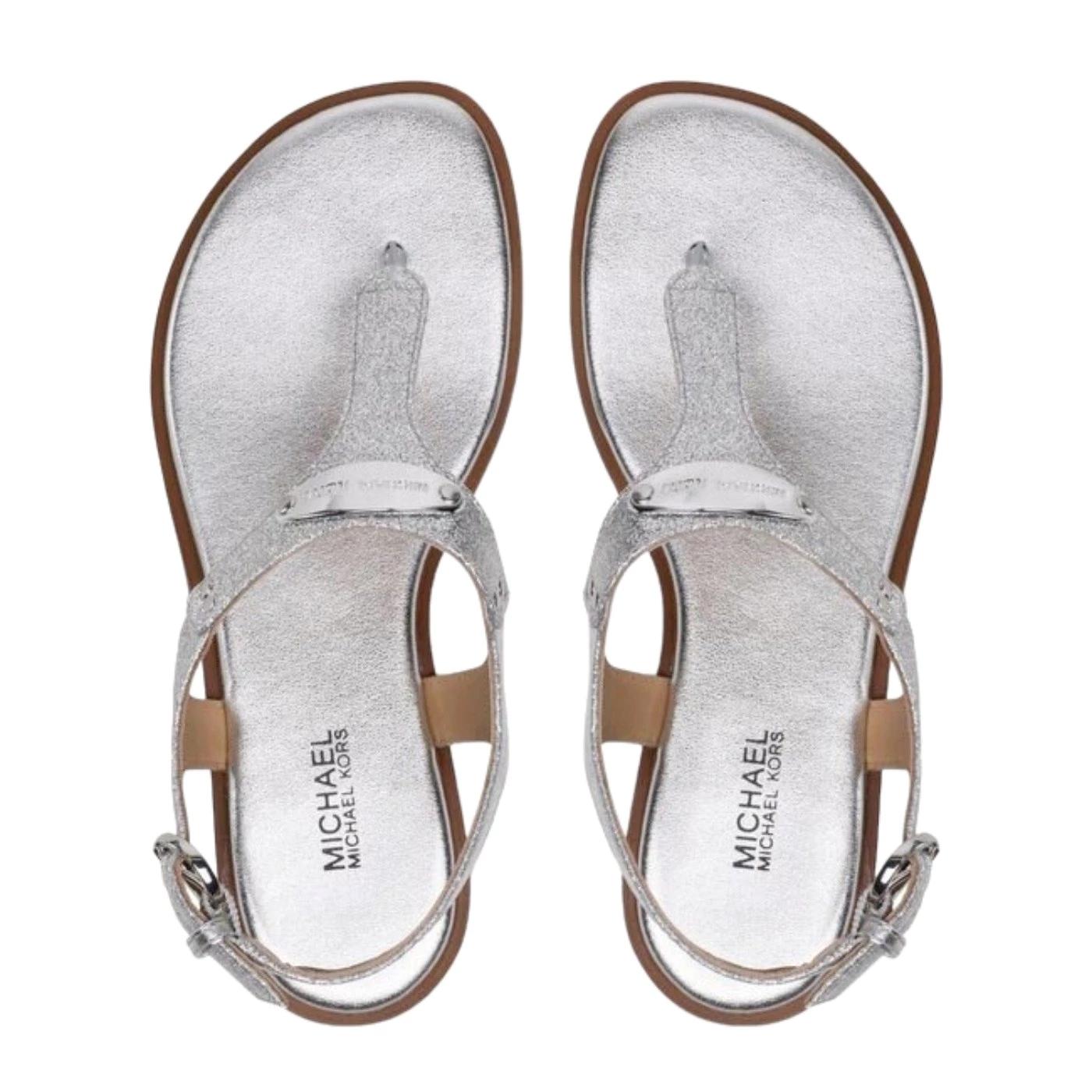 Michael Kors Plate Thong sandalo da donna in pelle e tessuto di colore argento 