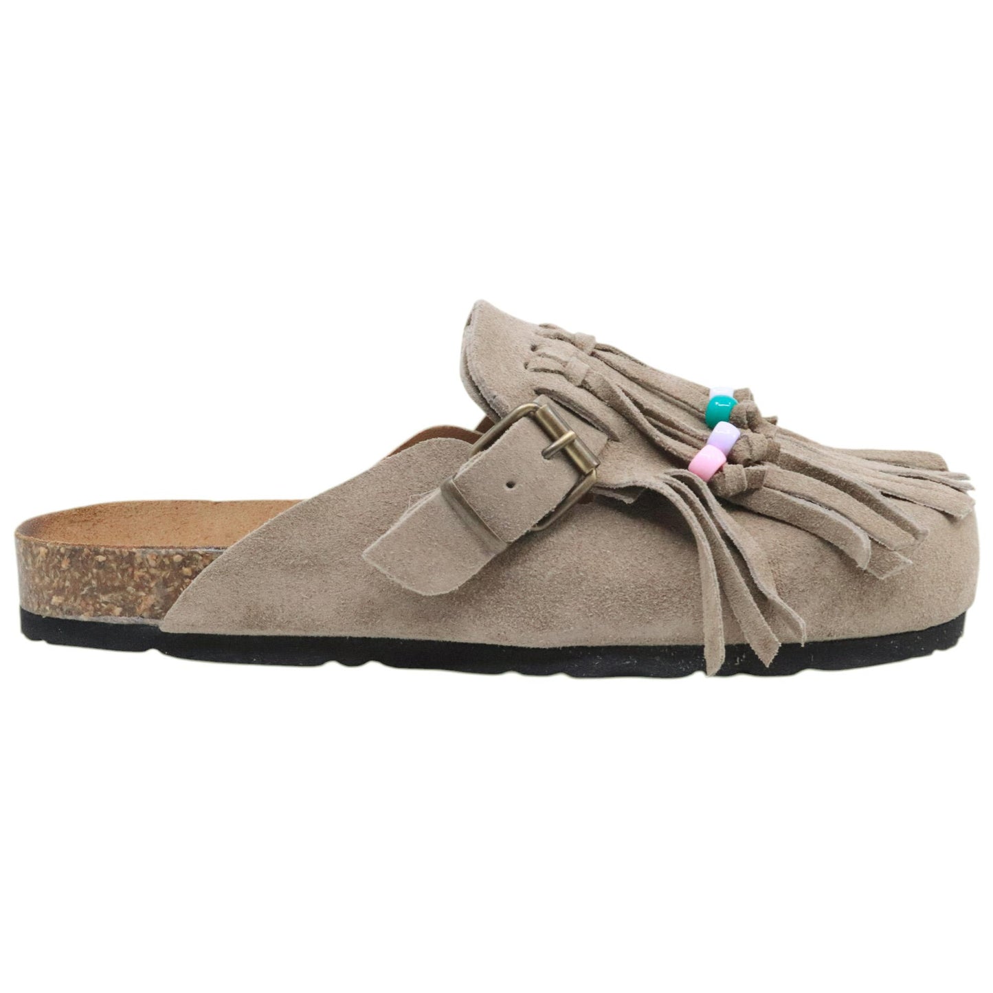 Sabot Ranye Noemi pelle scamosciata taupe con frange e perline 