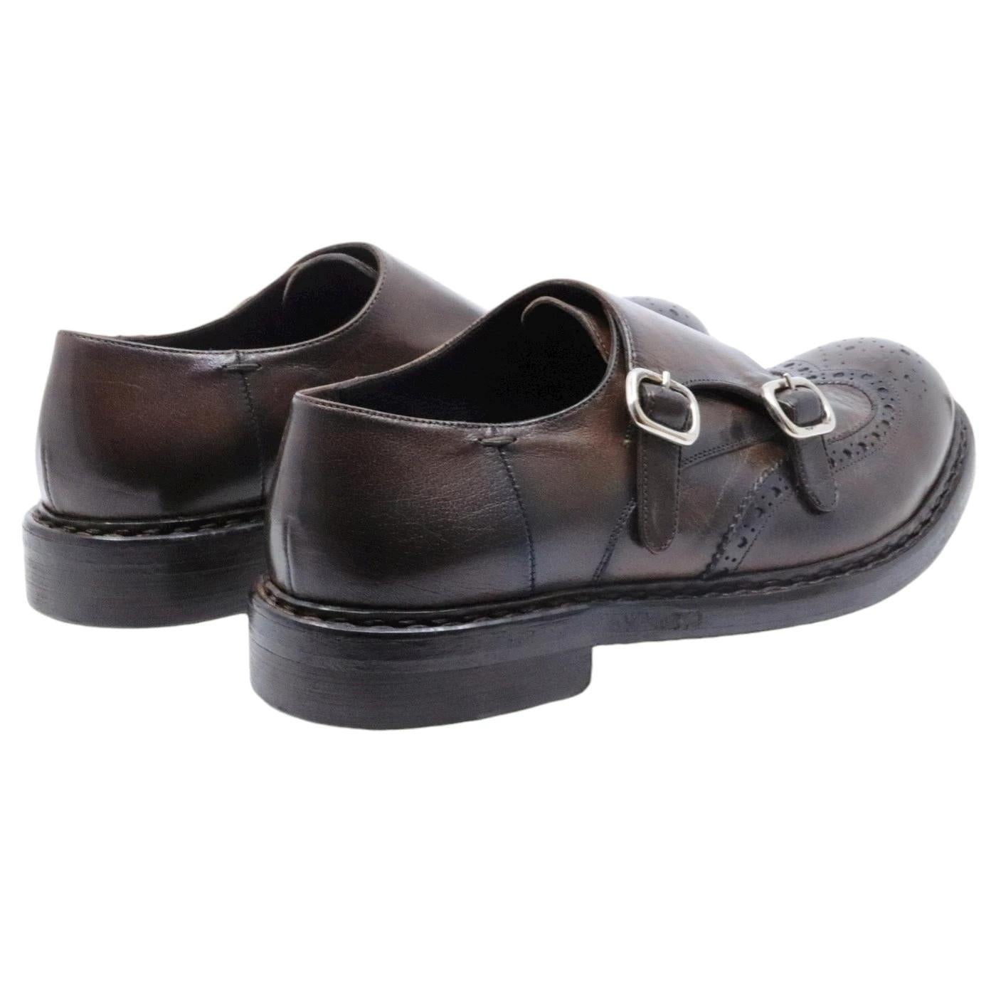 Scarpa uomo con doppia fibbia Crispiniano in pelle testa di moro 