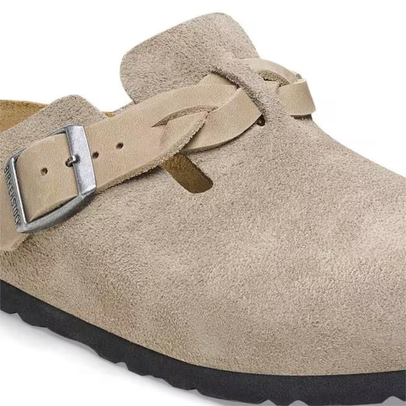 Birkenstock Boston Braided pelle scamosciata Taupe sabot co treccia narrow fit 