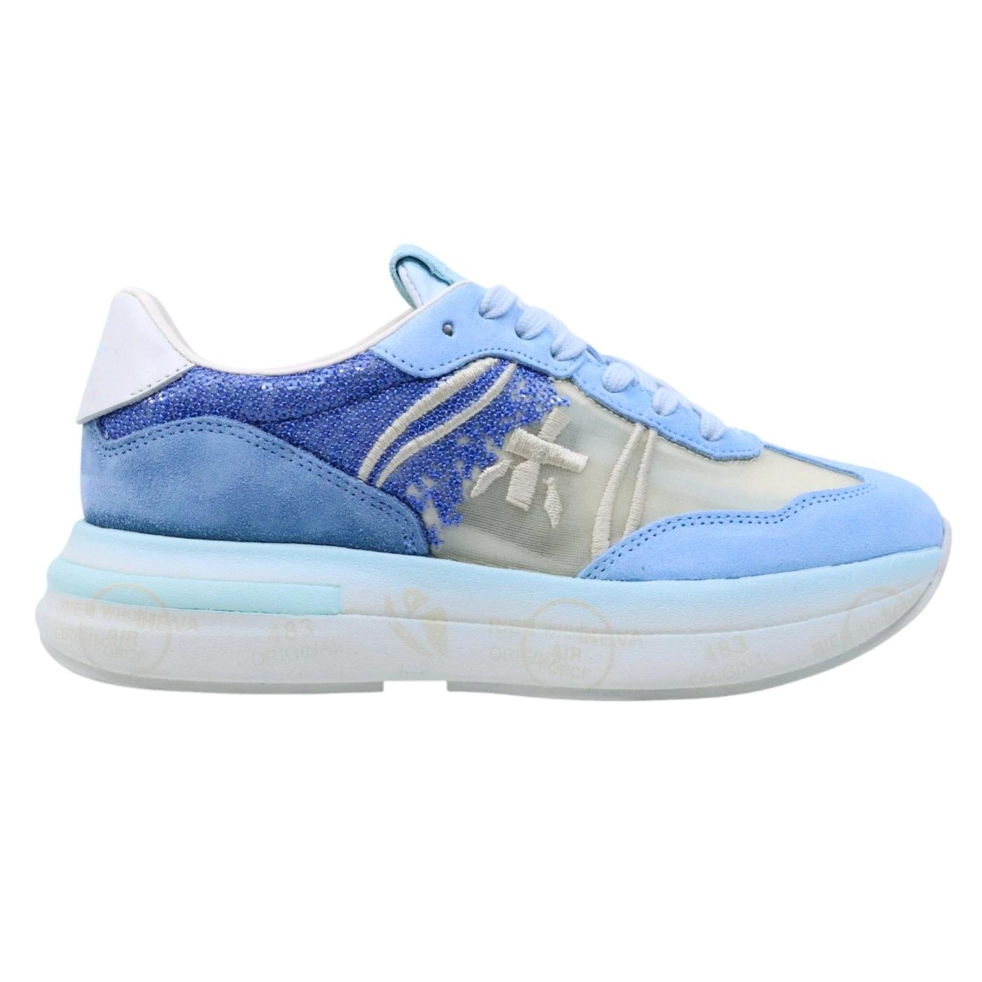 Premiata Cassie 7471 sneaker donna in tessuto trasparente beige e dettagli in camoscio azzurro 