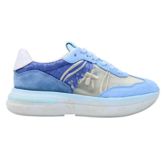 Premiata Cassie 7471 sneaker donna in tessuto trasparente beige e dettagli in camoscio azzurro 