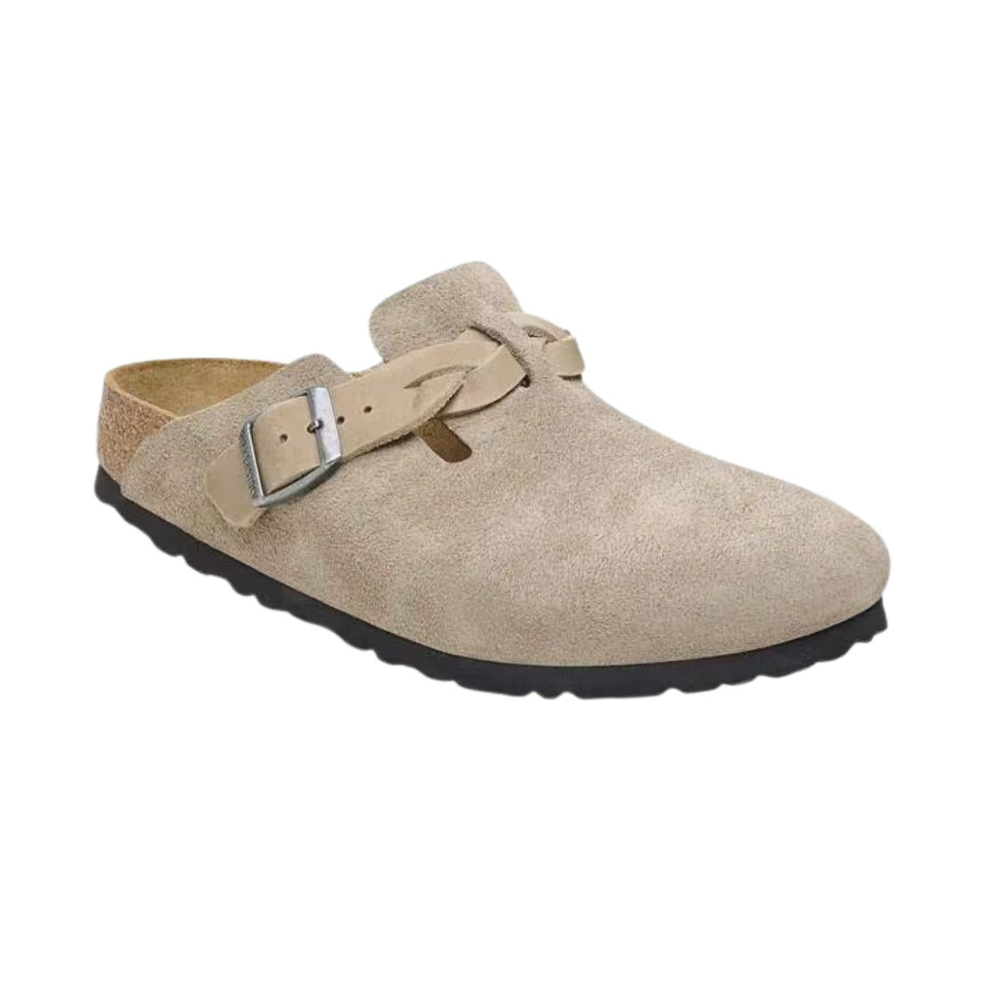 Birkenstock Boston Braided pelle scamosciata Taupe sabot co treccia narrow fit 