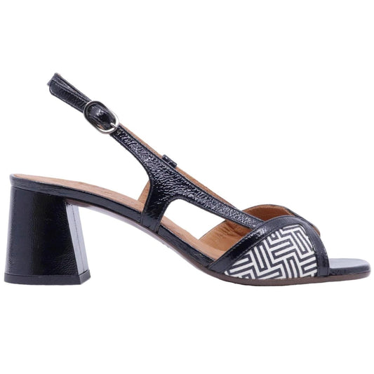 Chie Mihara Ruby sandalo donna in pelle lucida nera e stampa bianca 