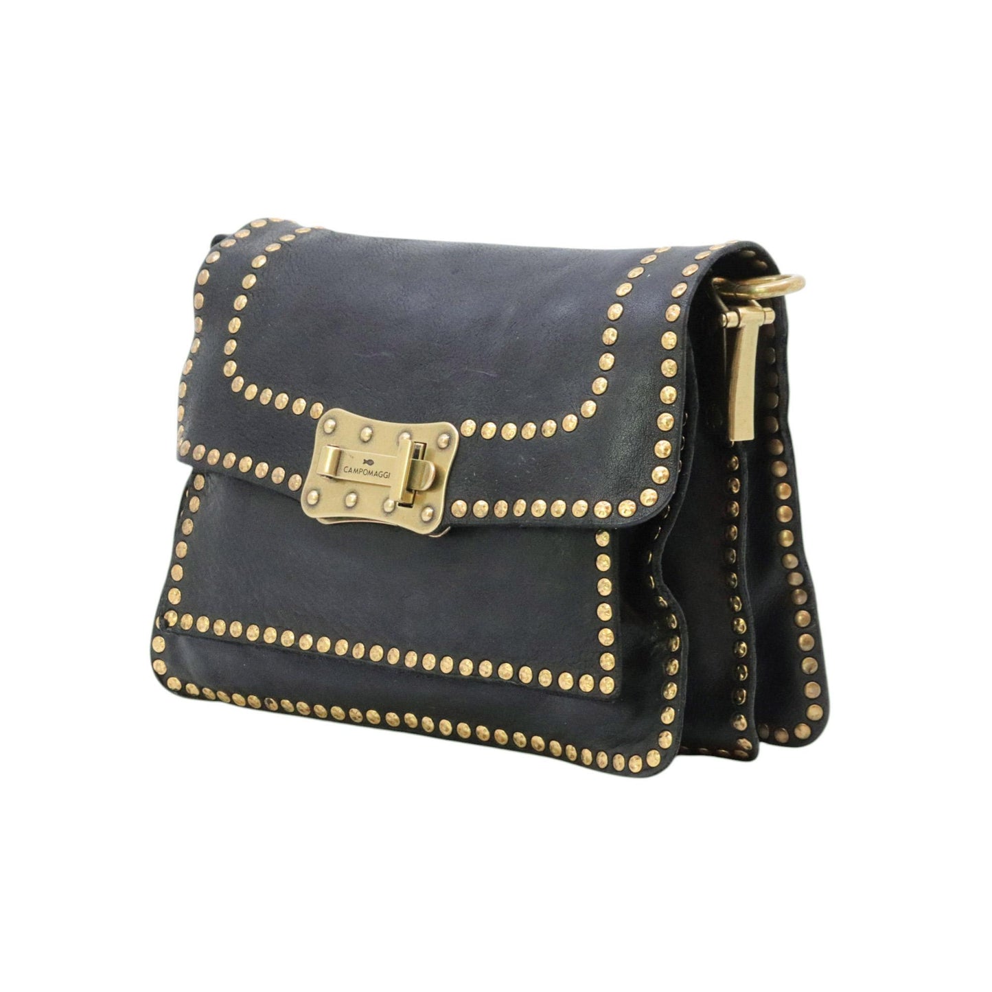 Borsa Campomaggi Agnese C016500 donna in pelle nera con borchie e tracolla regolabile 