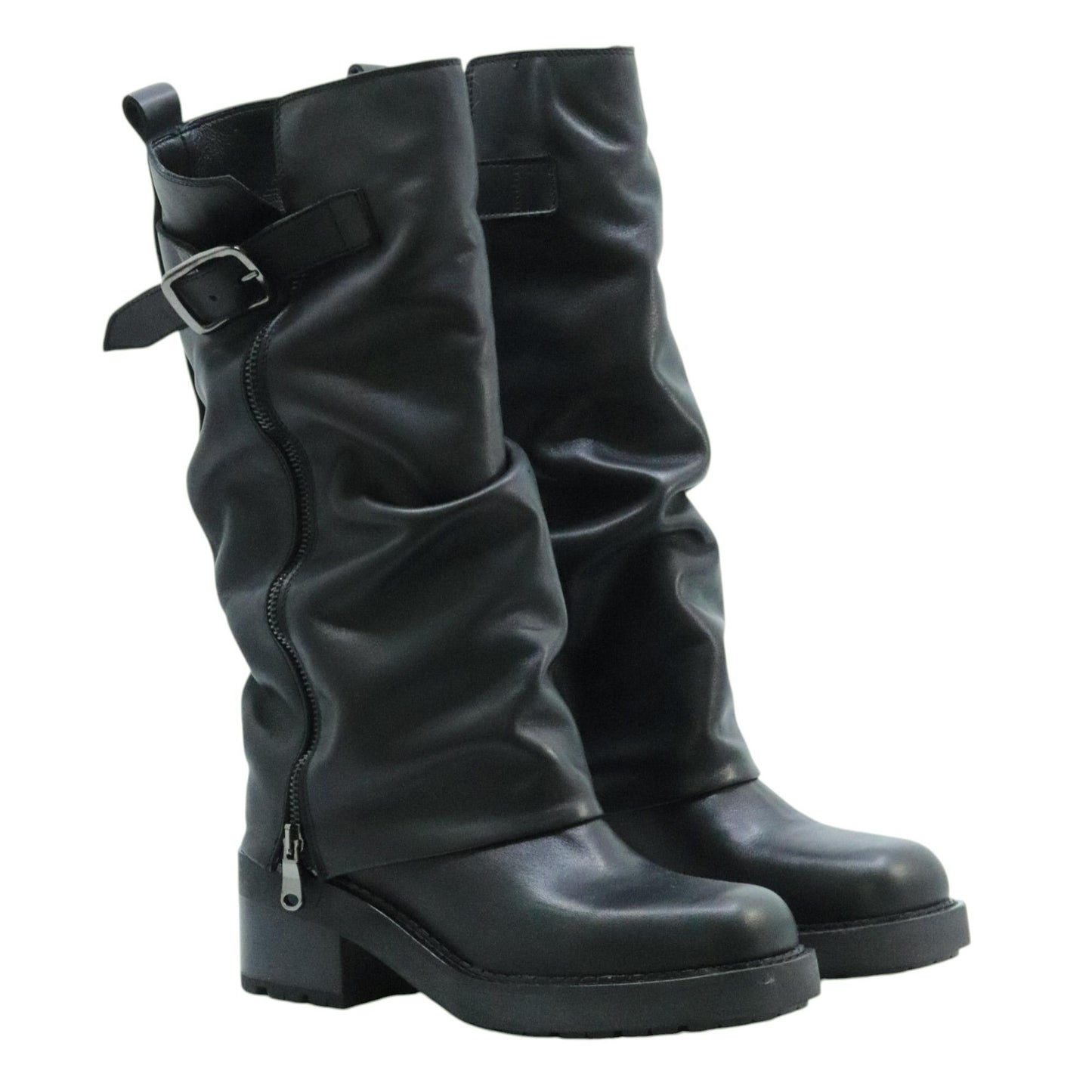 Curiositè 2828 stivale da donna in pelle nera con zip laterale e suola carrarmato 