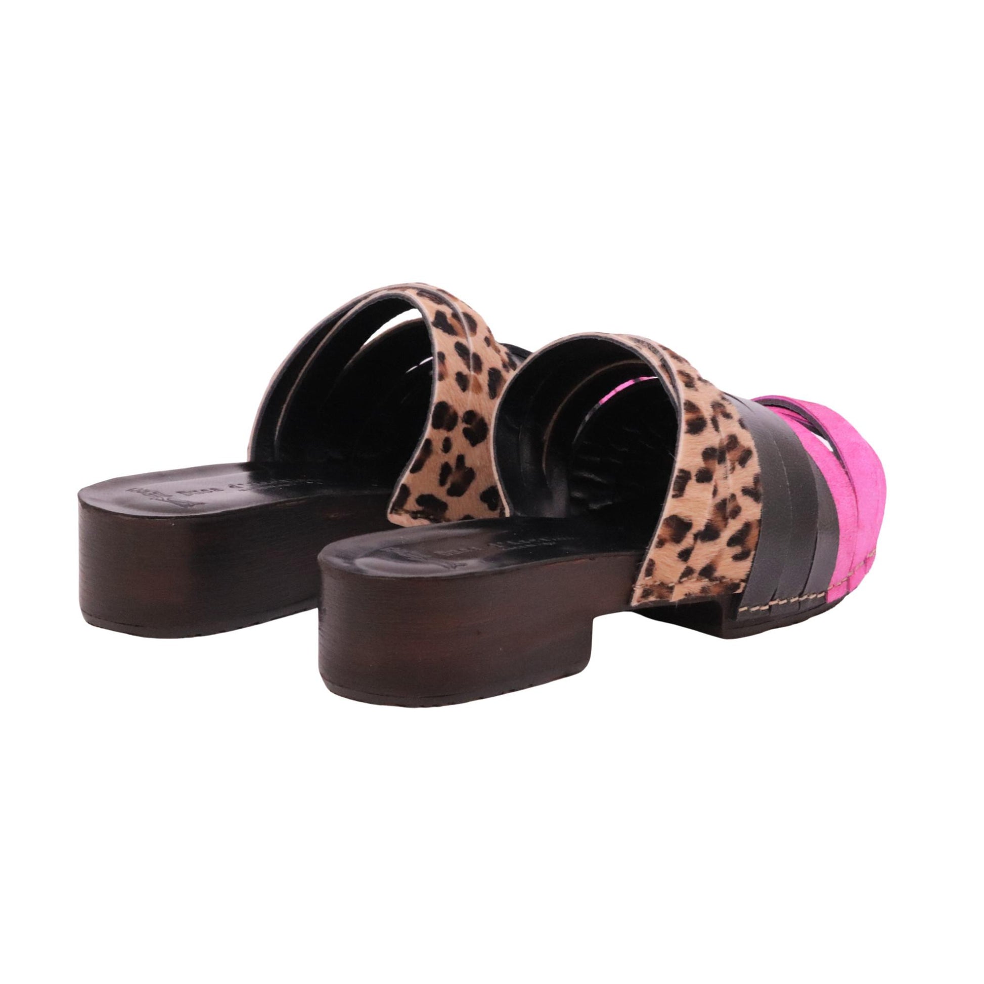 Duca D'Ascalona Nanette Martini sandalo sabot donna in pelle multicolor fuxia nero e cavallino maculato con suola in gomma 