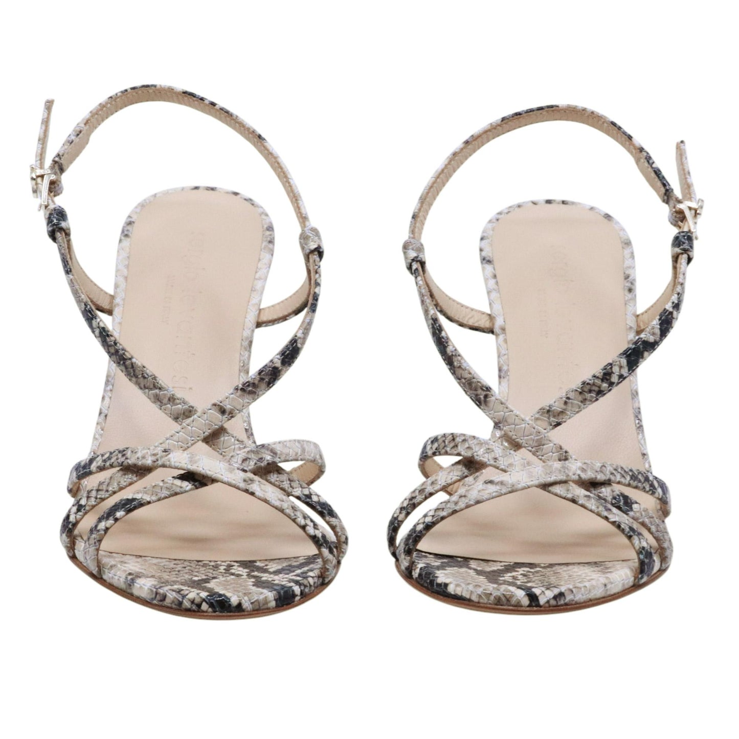 Sandalo con tacco Sergio Levantesi Heide in pelle stampa serpente beige sabbia 