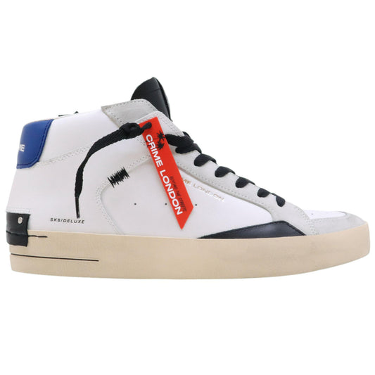 Crime London Sk8 Deluxe Mid 15151 in pelle bianca con talloncino blu e lingetta nera 