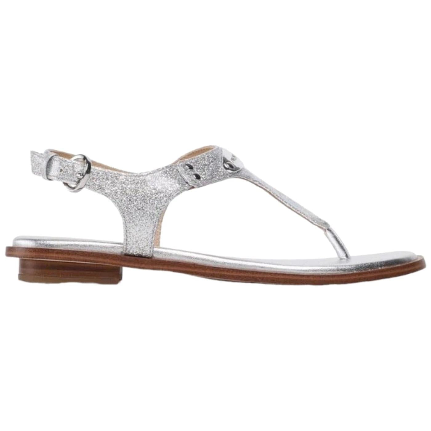 Michael Kors Plate Thong sandalo da donna in pelle e tessuto di colore argento 