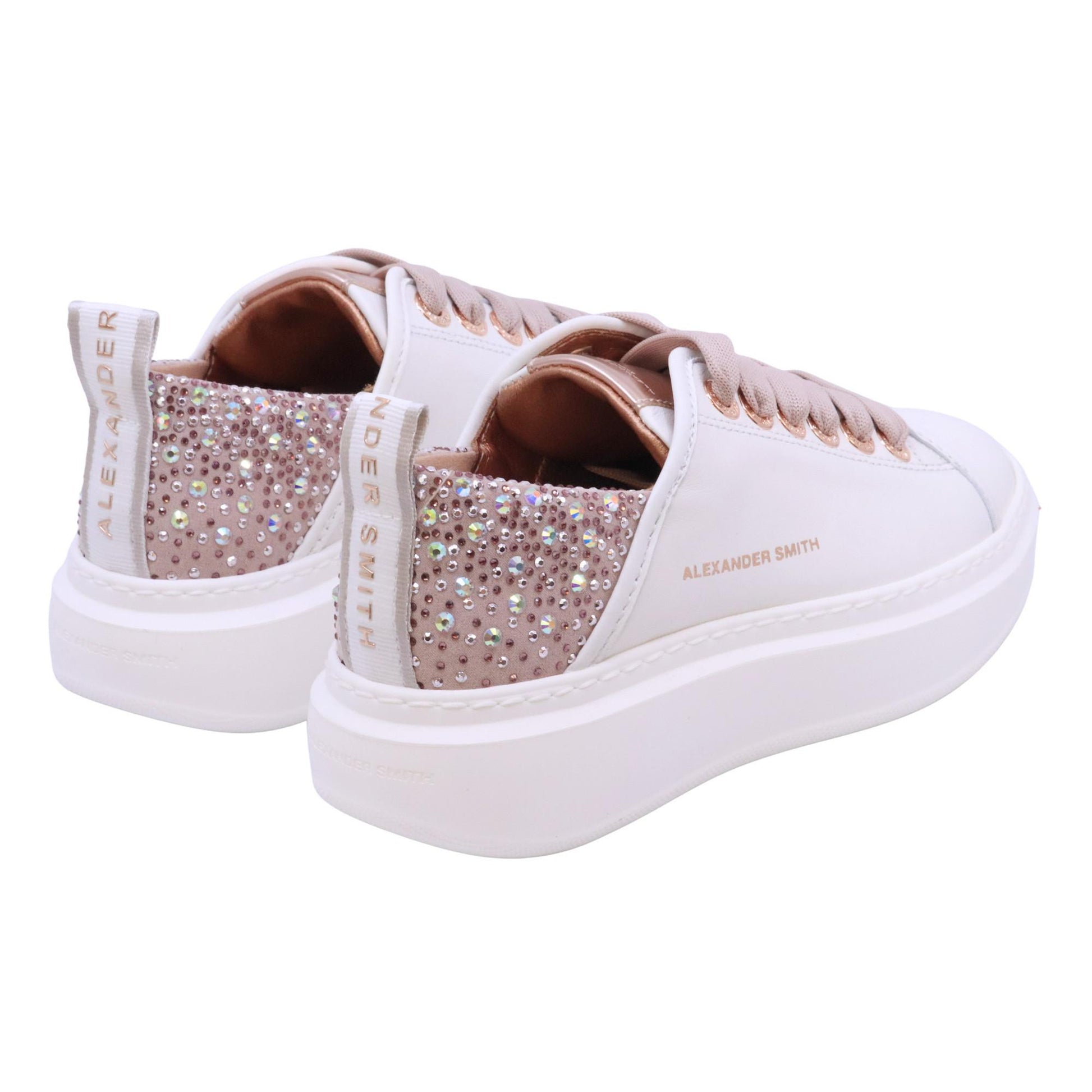Alexander Smith Wembley 0506 sneaker donna pelle bianca tallone iridescente nude con strass 