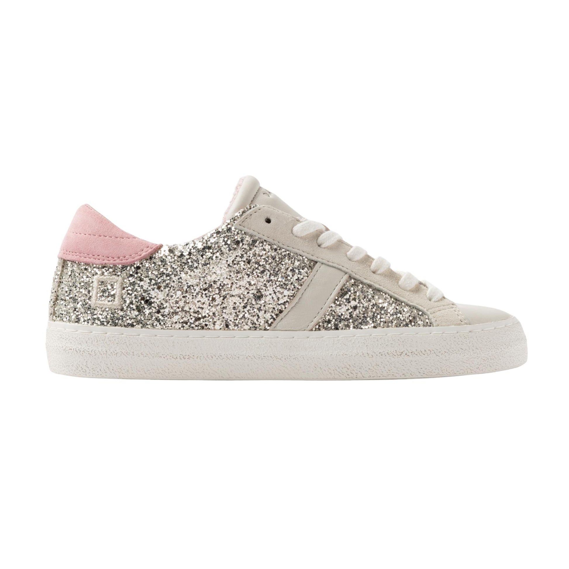 D.A.T.E. Hill Low Glitter HL-GL-PL sneaker donna in pelle e glitter platino 