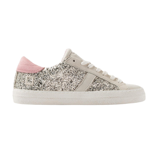 D.A.T.E. Hill Low Glitter HL-GL-PL sneaker donna in pelle e glitter platino 