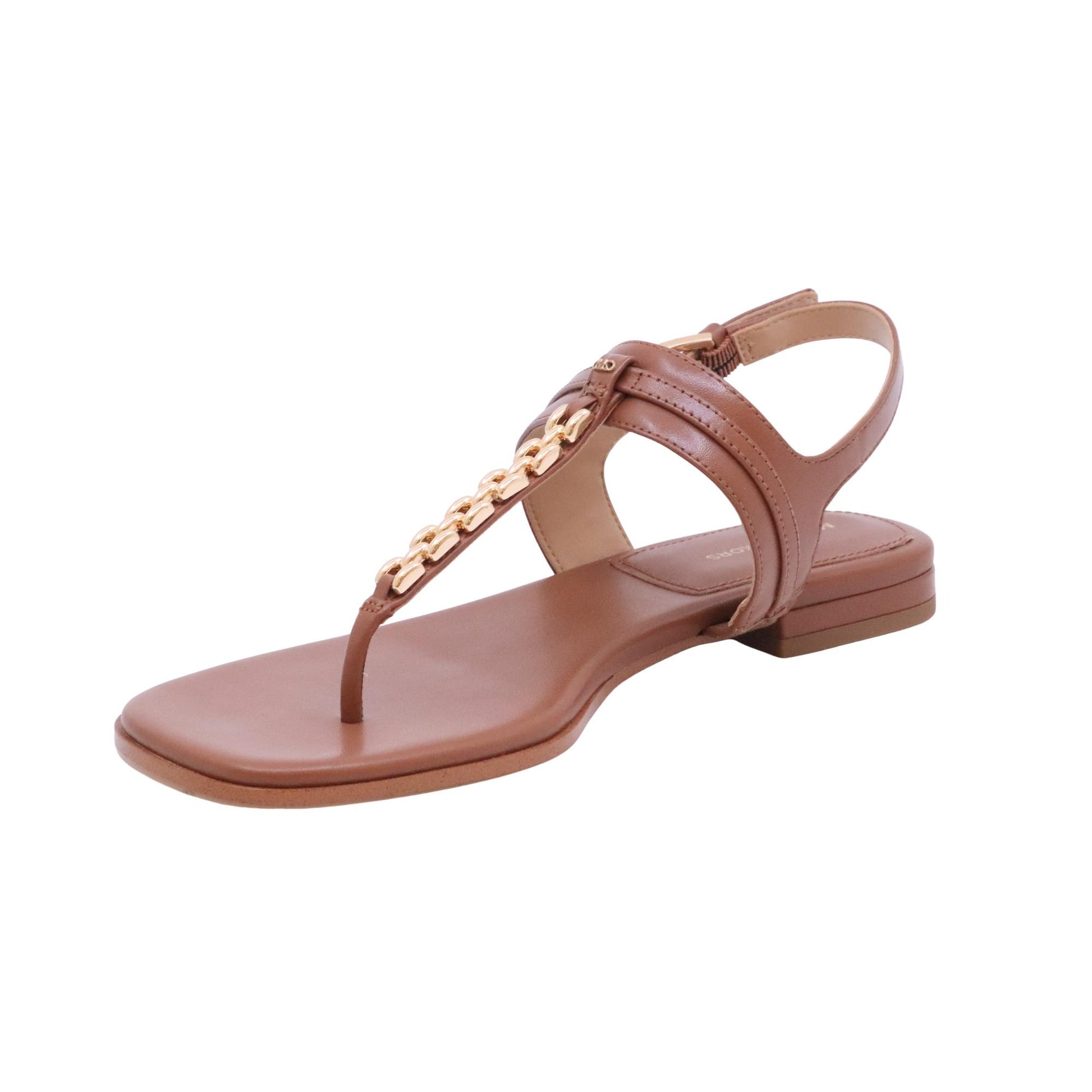 Michael Kors Marcia Thong sandalo infradito donna in pelle cuoio Luggage con catena oro 