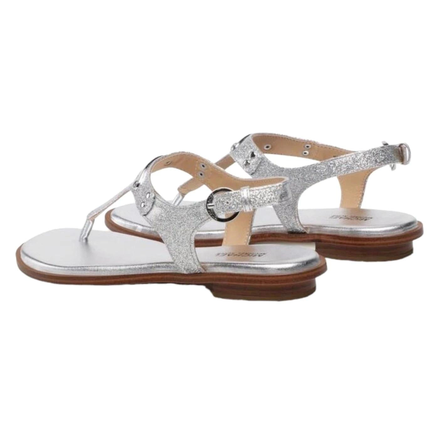 Michael Kors Plate Thong sandalo da donna in pelle e tessuto di colore argento 