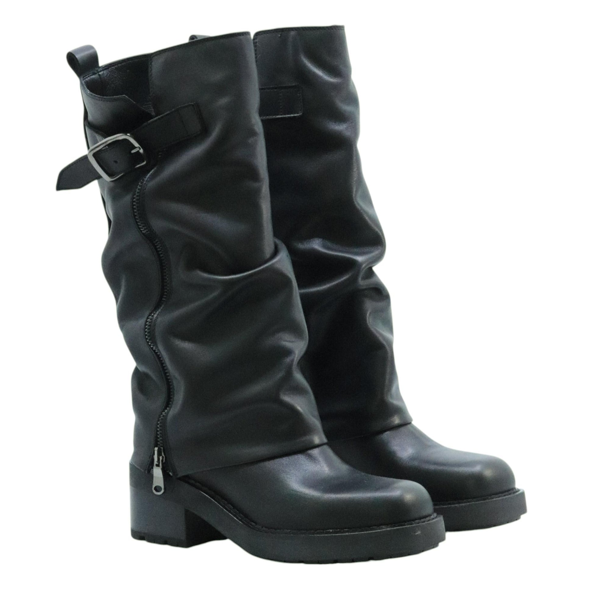 Curiositè 2828 stivale da donna in pelle nera con zip laterale e suola carrarmato 