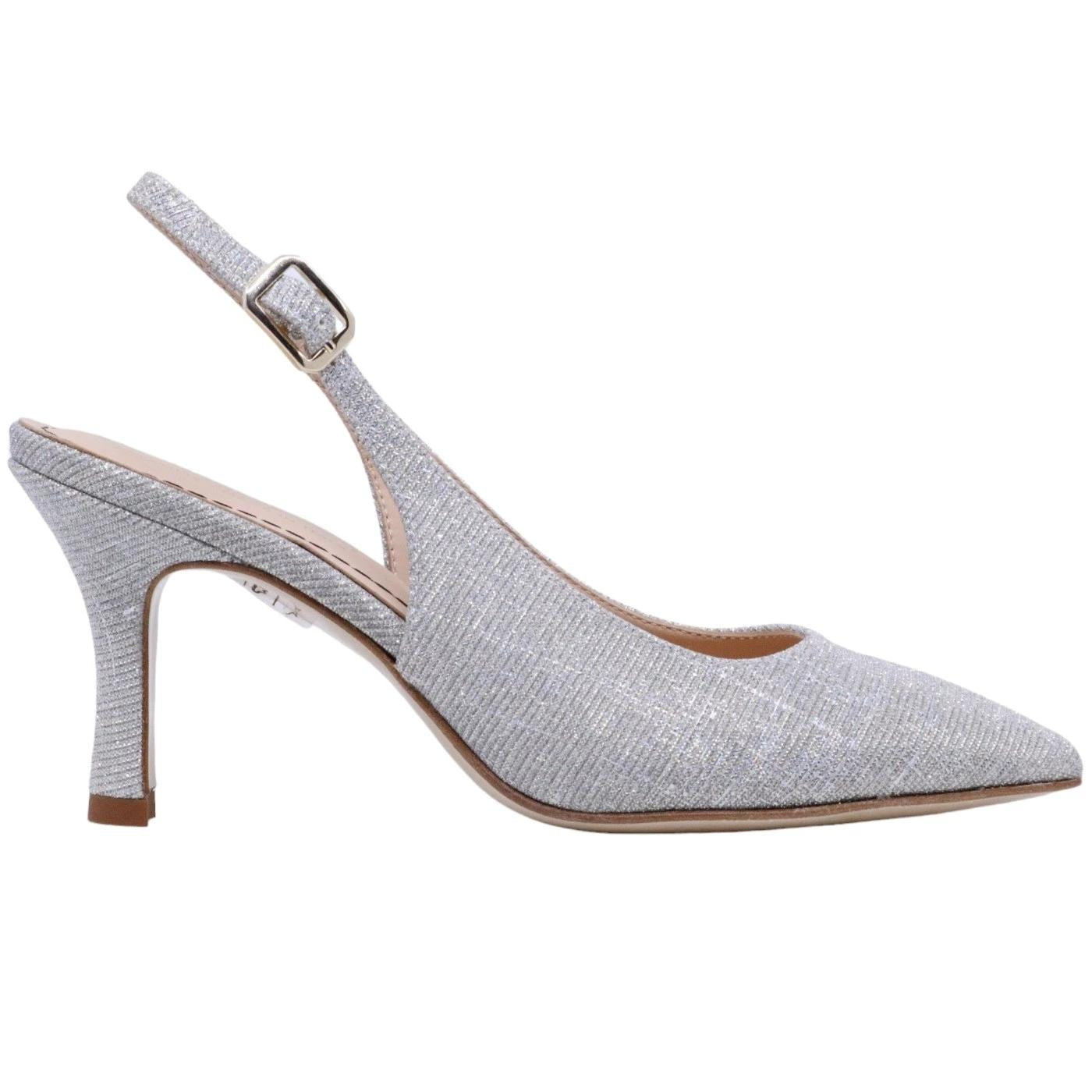 Slingback donna Le Briella Z827 in elegante pelle e tessuto di color argento 