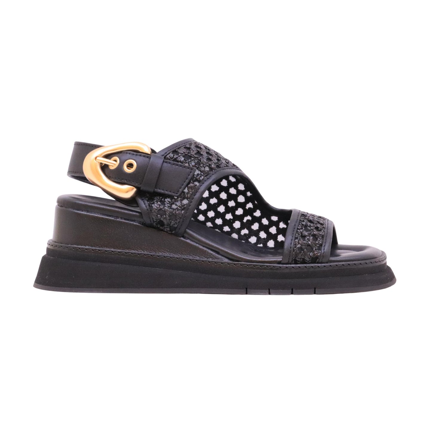 Gio+ Dafne 08C sandalo donna con zeppa in pelle e tessuto retato nero 