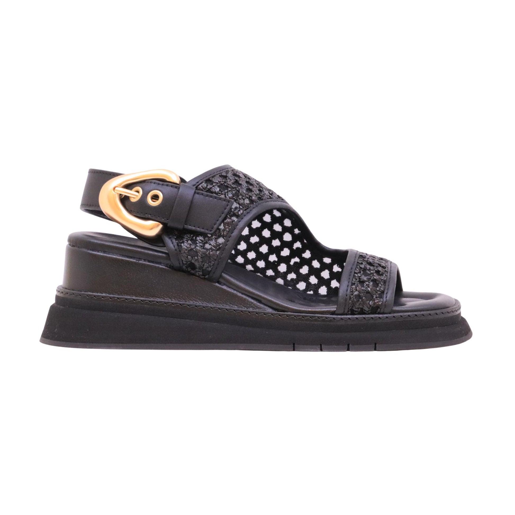 Gio+ Dafne 08C sandalo donna con zeppa in pelle e tessuto retato nero 