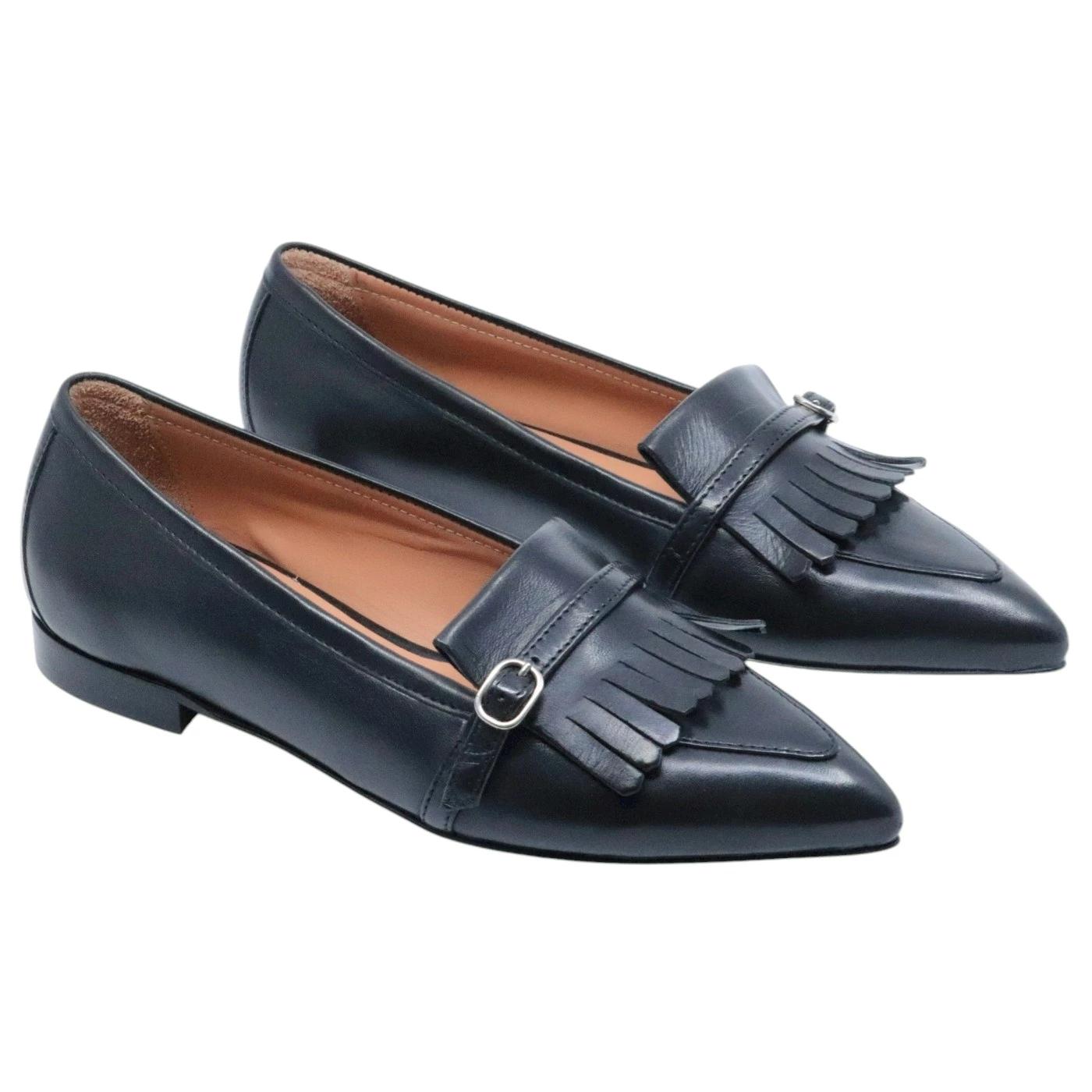 Mocassino donna Triver Flight 603 09 in pelle nera con frenge 