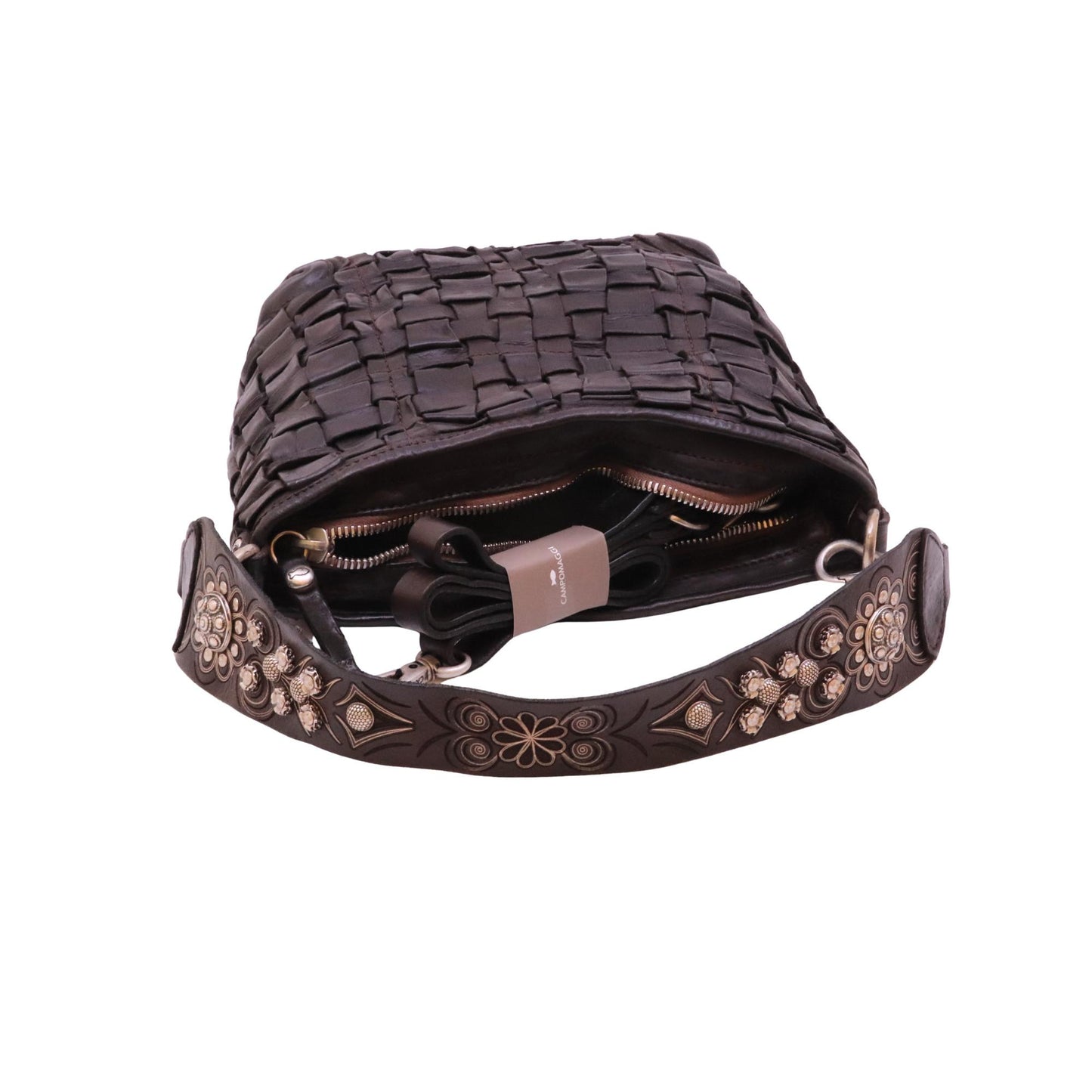 Campomaggi Edera C043760 borsa a spalla in pelle intrecciata moro con borchie 