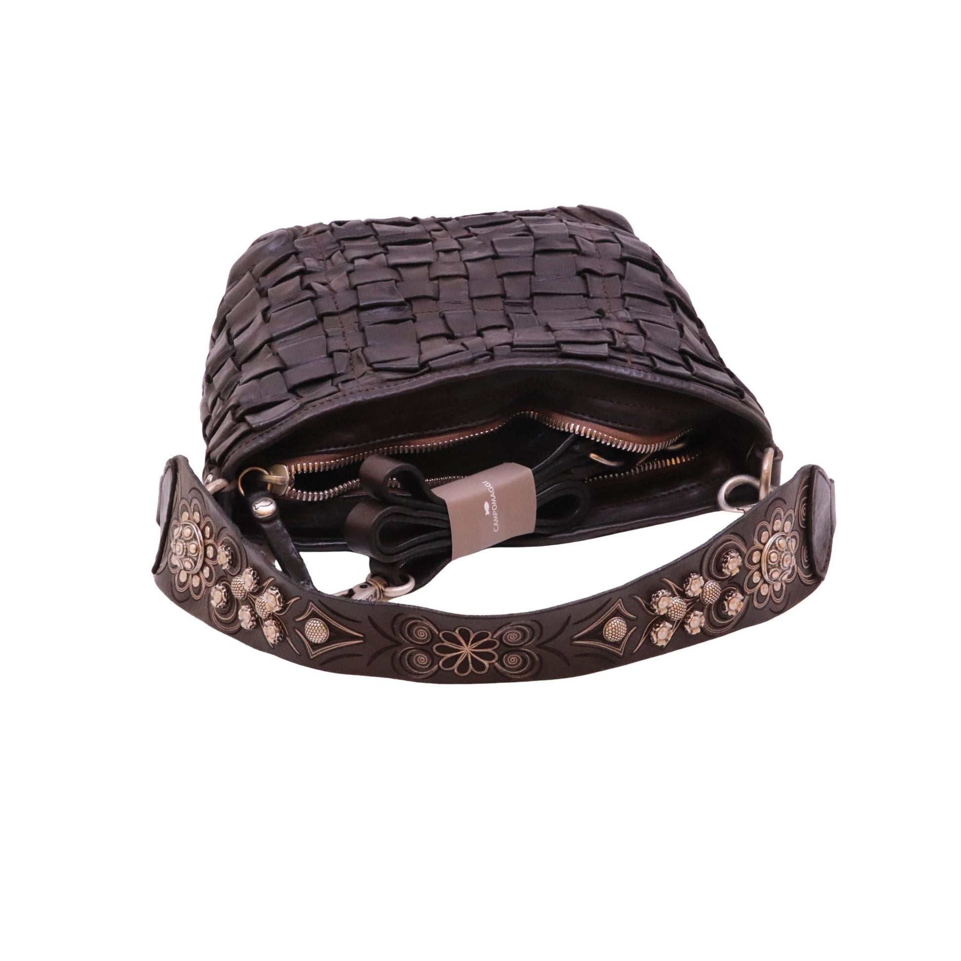 Campomaggi Edera C043760 borsa a spalla in pelle intrecciata moro con borchie 