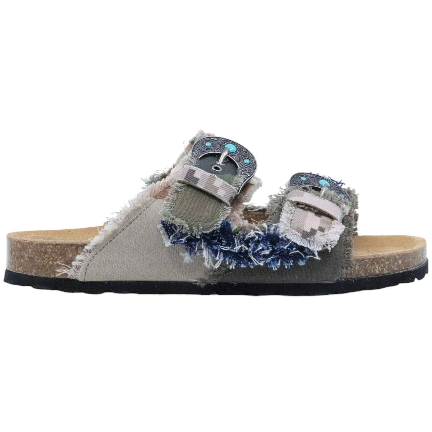 Sandalo donna Taji Buckle Patch in tessuto militare giacca mimetica in color verde, blu e rosa 