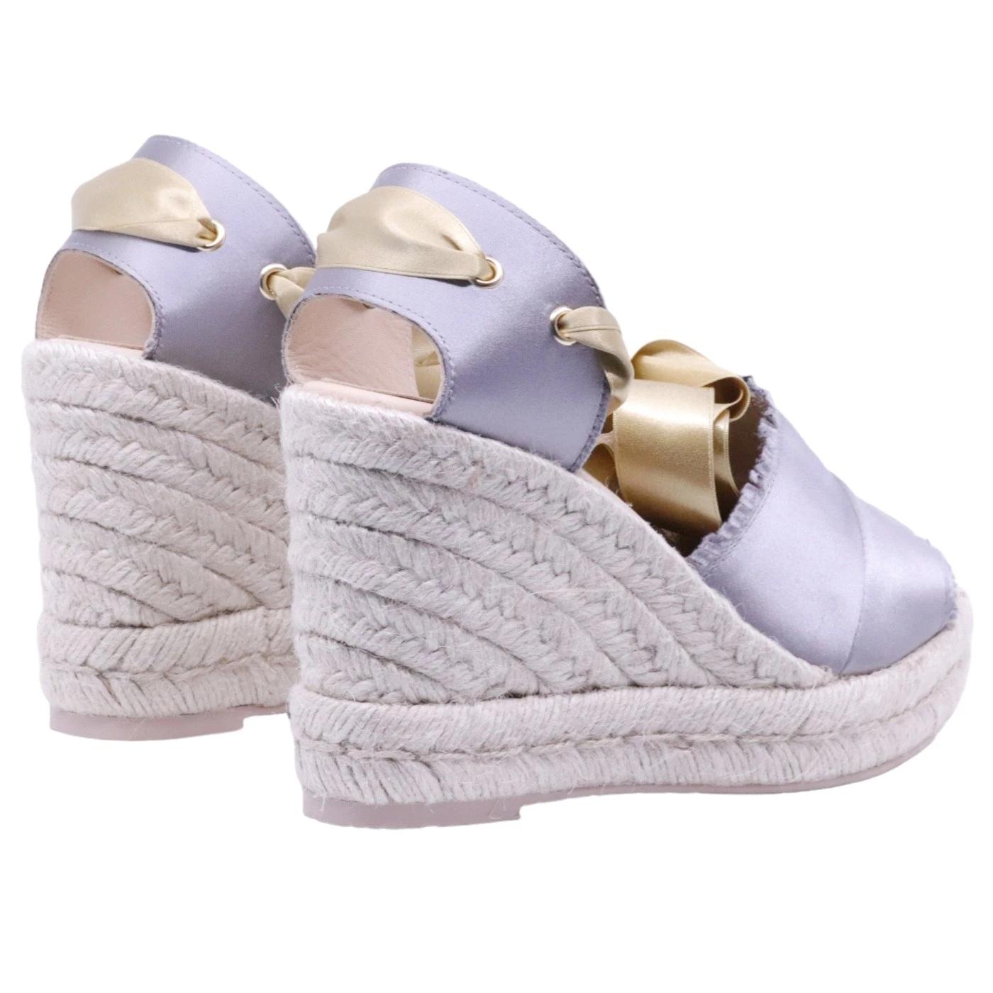 Sandalo zeppa Ras 7501 in corda e tessuto grigio perla 