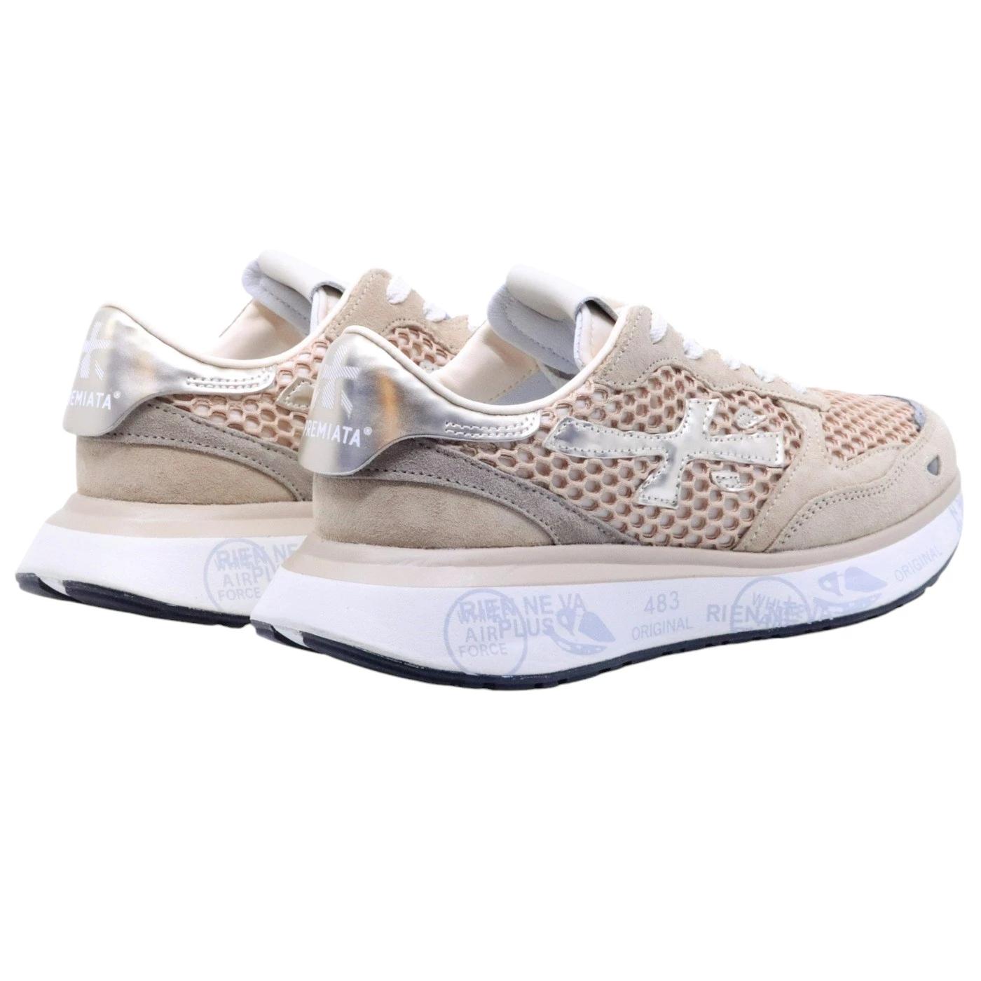 Premiata Lauryn 7486 sneaker donna in tessuto retato rosa con dettagli in camoscio e platino 