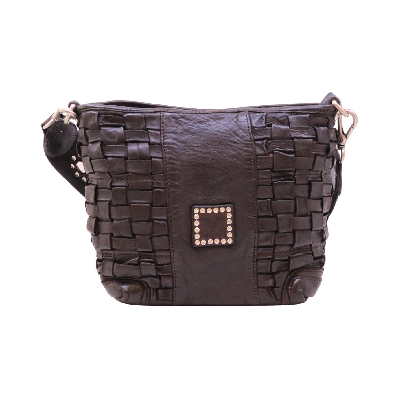 Campomaggi Edera C043760 borsa a spalla in pelle intrecciata moro con borchie 