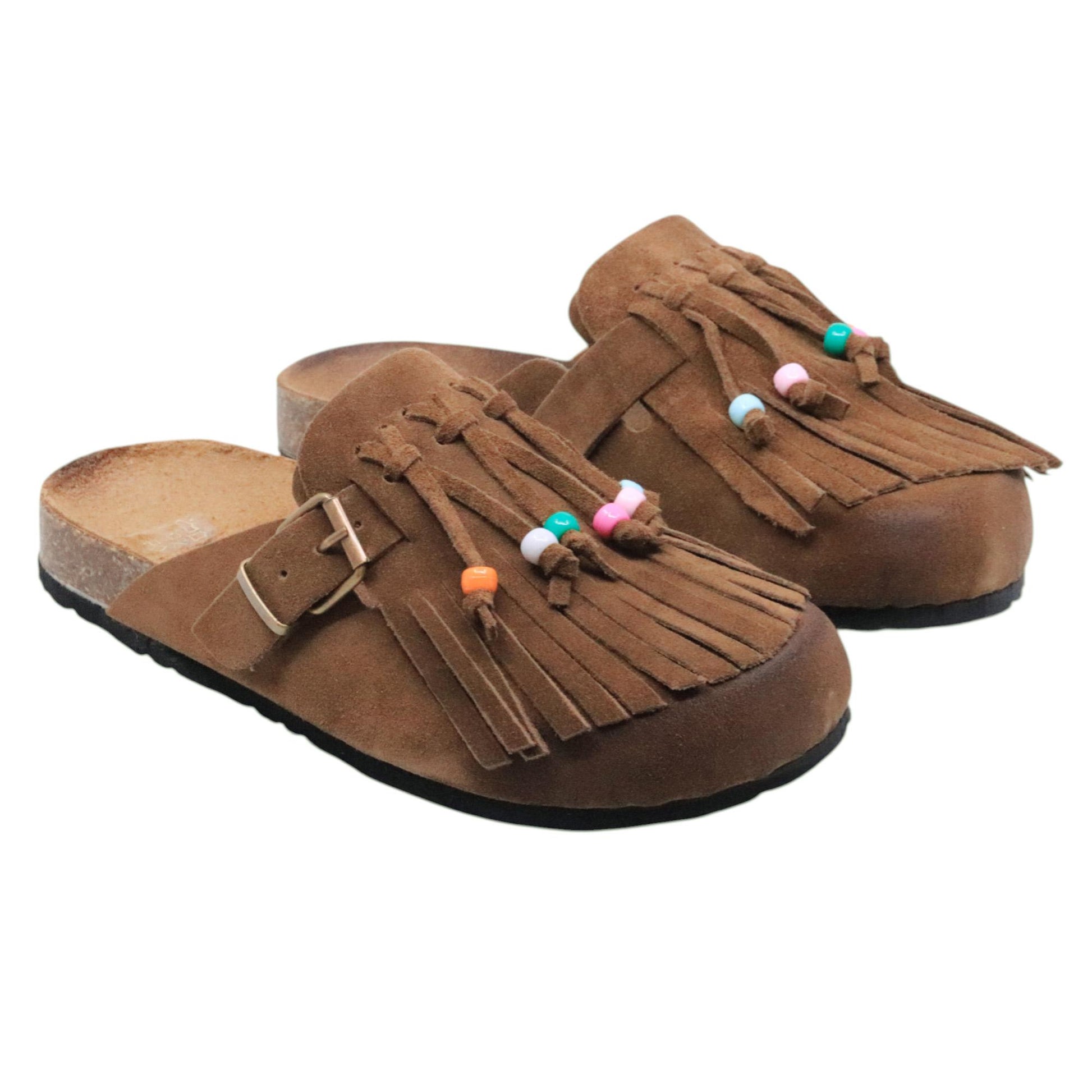Sabot Ranye Noemi pelle scamosciata marrone con frange e perline 