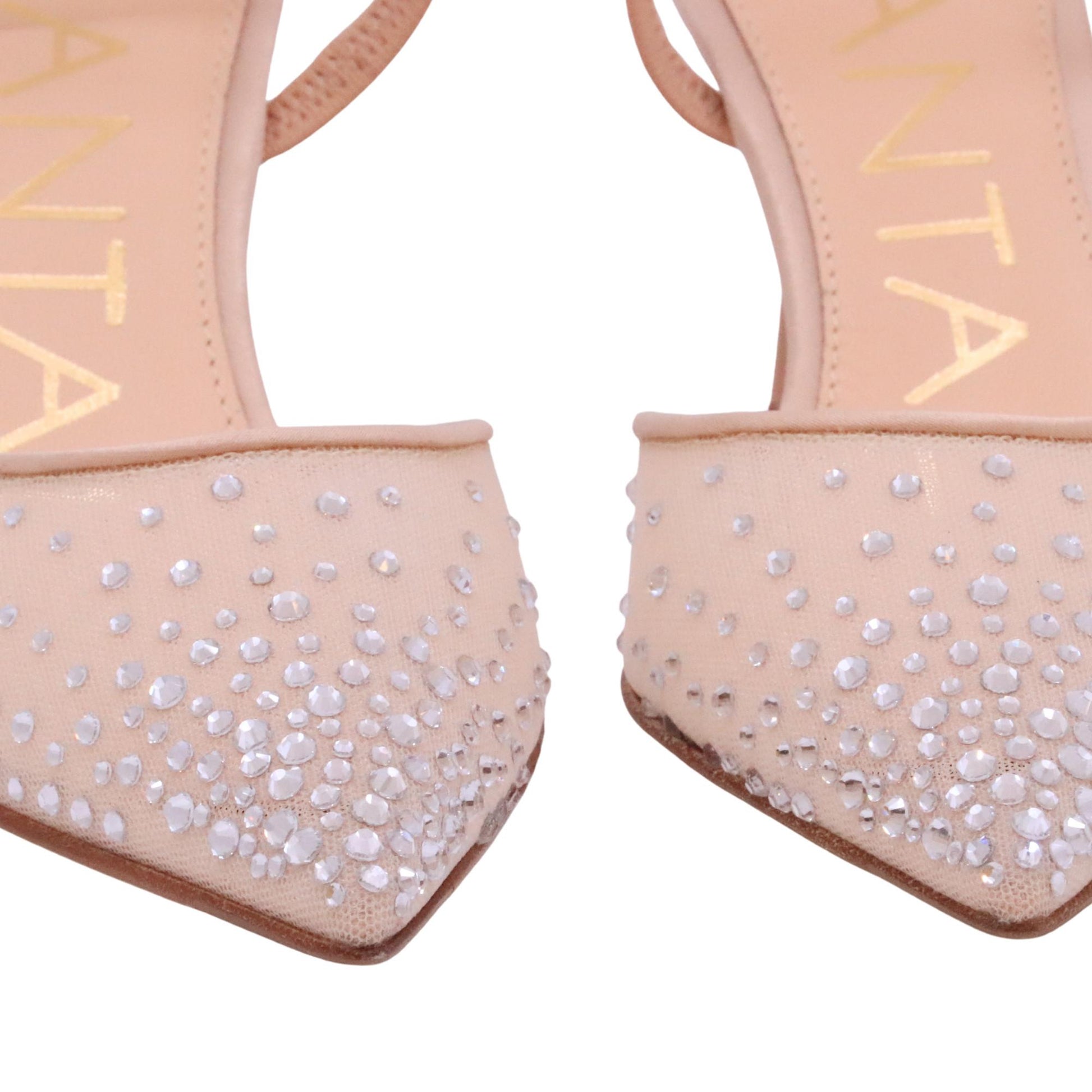 Chantal 2527 slingback donna elegante in raso beige e strass con tacco 8,5 cm da cerimonia 
