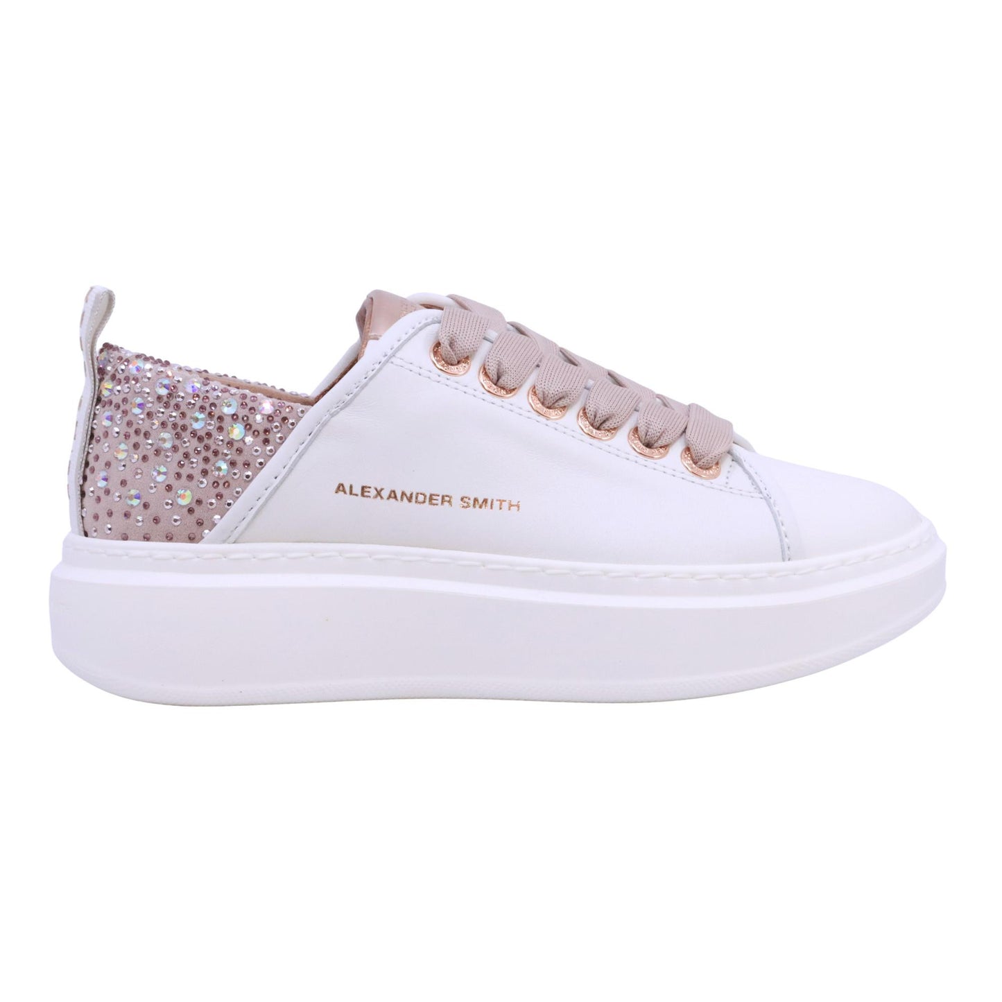 Alexander Smith Wembley 0506 sneaker donna pelle bianca tallone iridescente nude con strass 