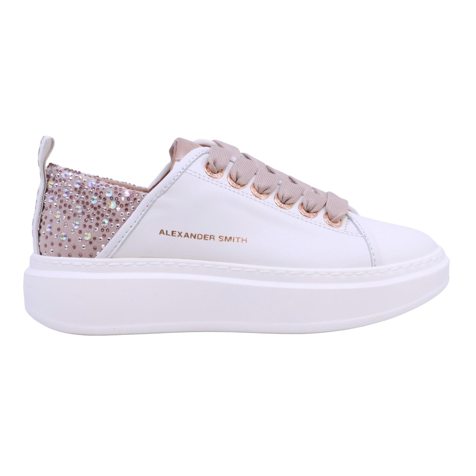 Alexander Smith Wembley 0506 sneaker donna pelle bianca tallone iridescente nude con strass 
